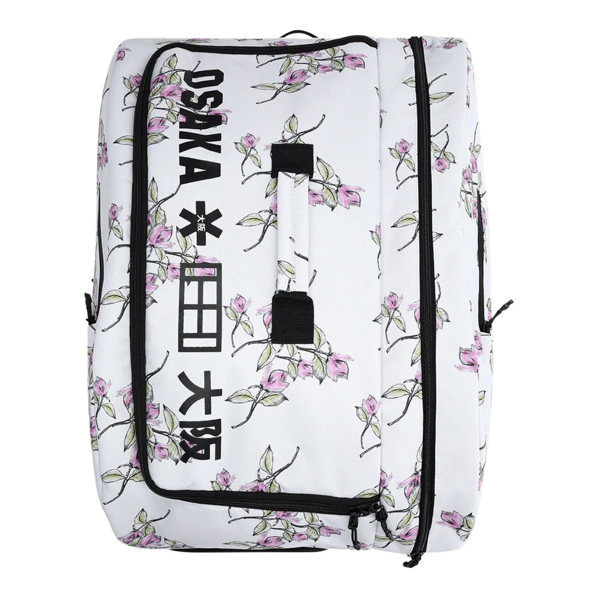 Rechtopstaande witte Osaka Sports padelbag met bloesemprint en zwart Osaka-logo