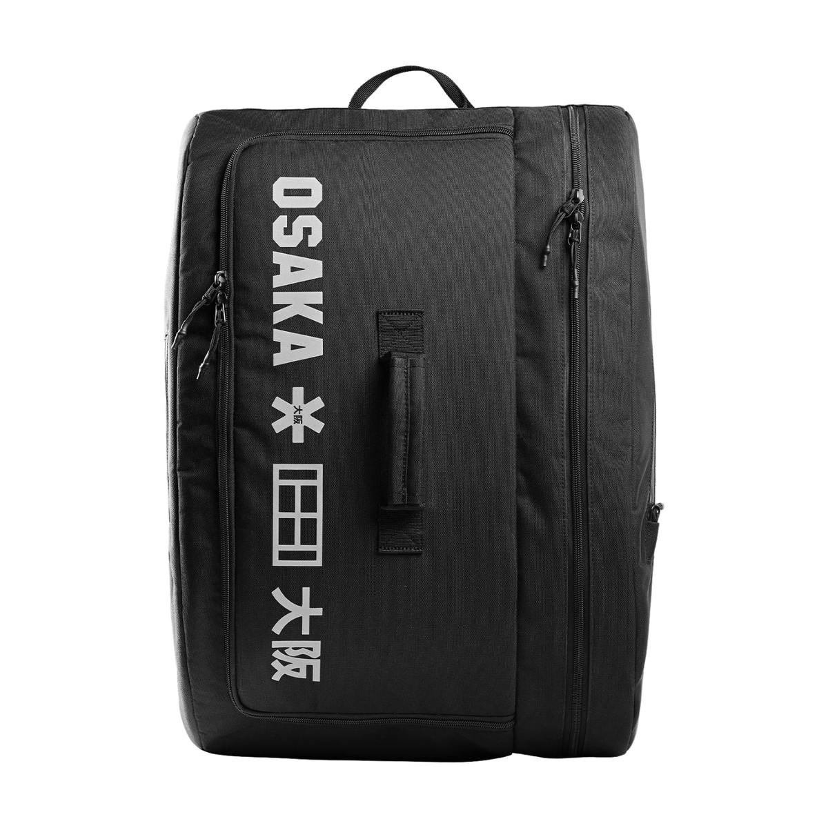 Rechtopstaande zwarte Osaka Sports padelbag met wit logo en verticale ritsen
