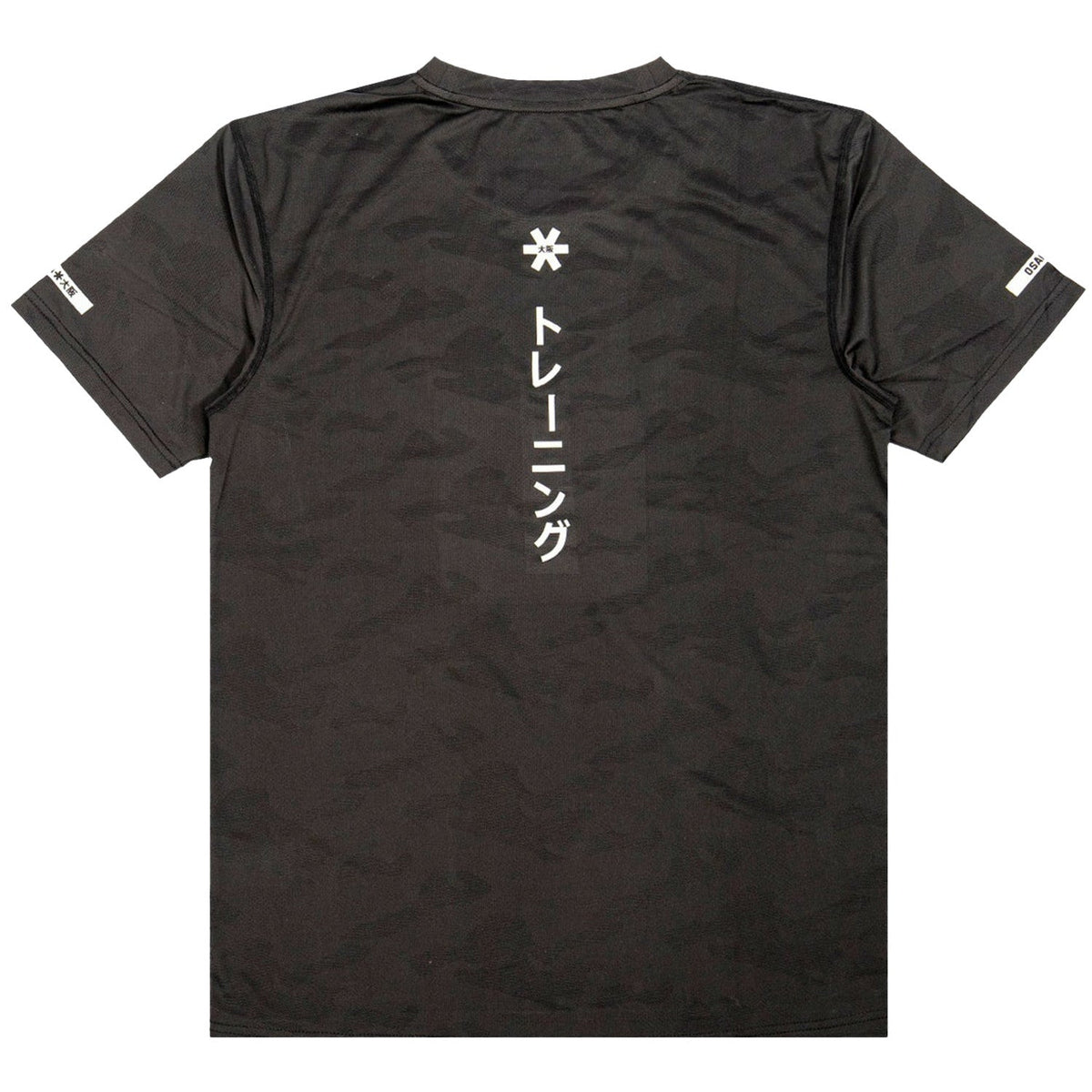 Achterkant van het zwarte Osaka T-Shirt Training met witte Japanse tekens op het rugpand