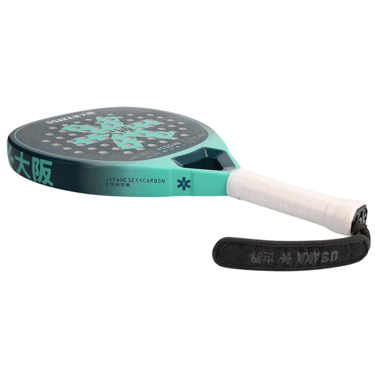 Osaka Vision Power Teal liggend met witte grip en zwarte polsband, schuin aanzicht