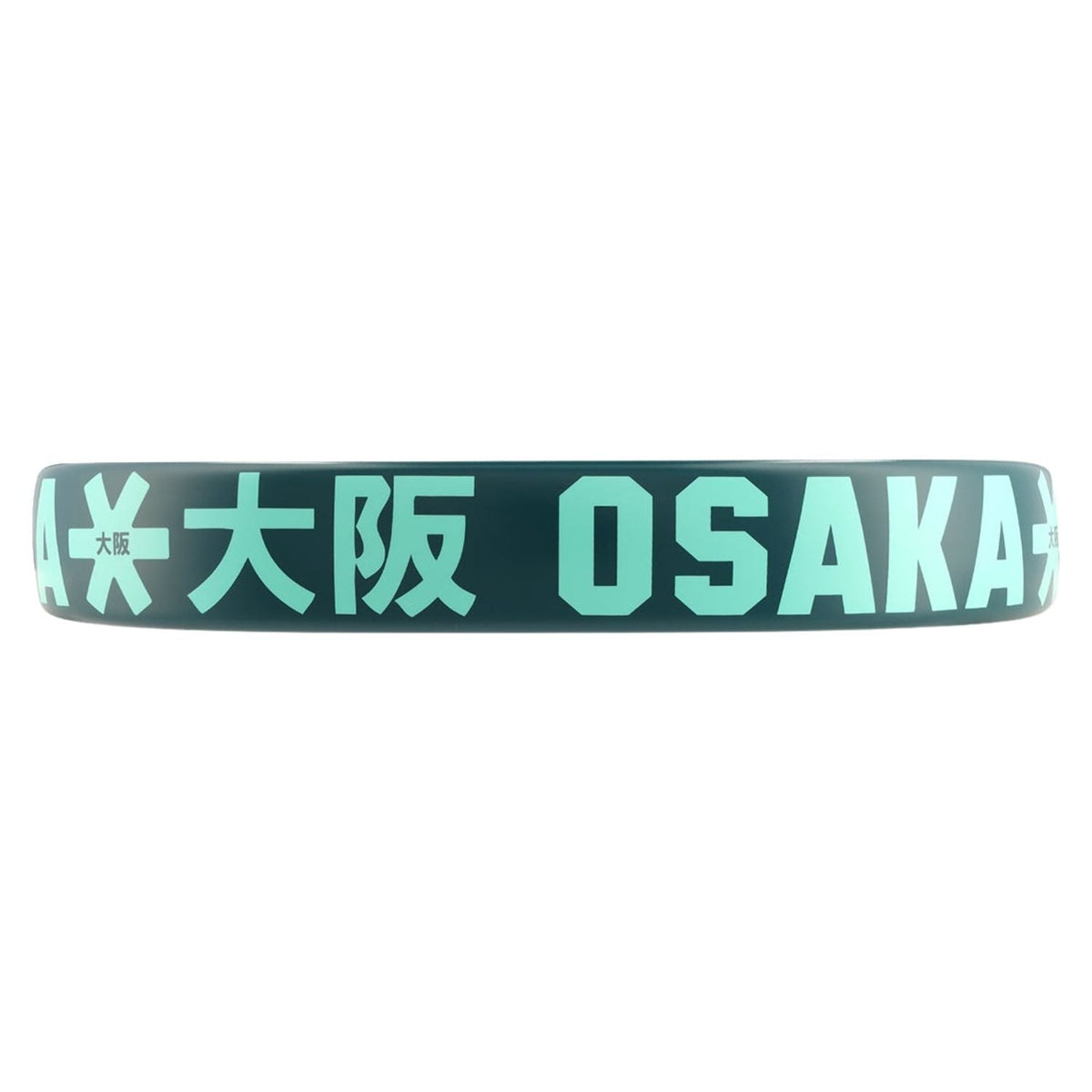 Close-up van de framerand van de Osaka Vision Power Teal met mintgroen OSAKA-logo