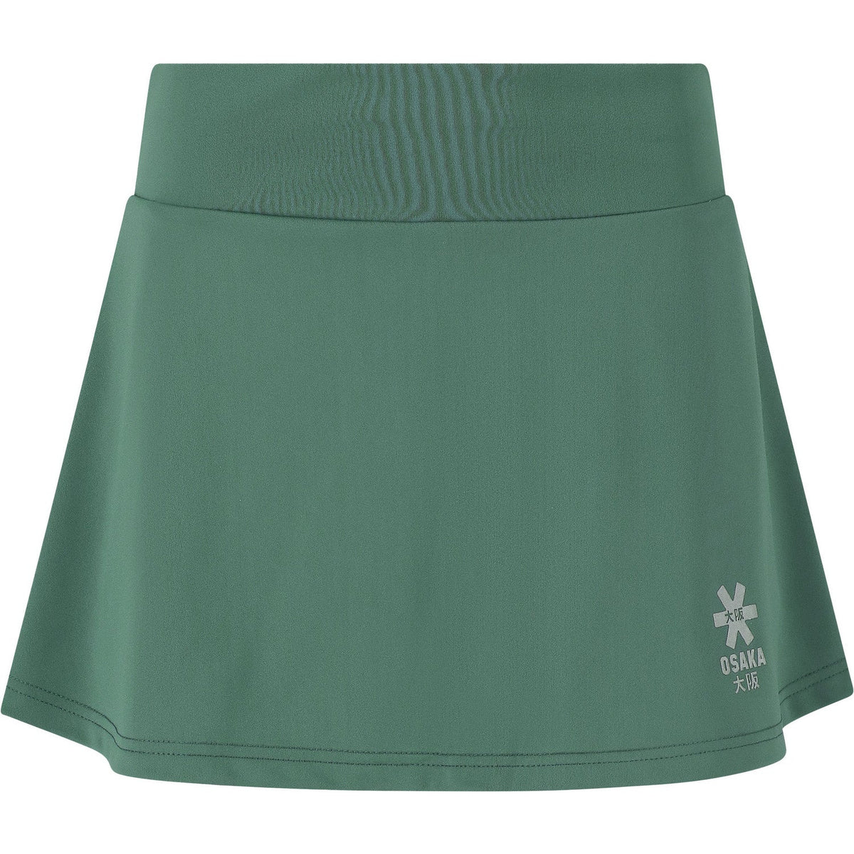 Vista frontal da saia verde «Osaka Women Floucy Skirt», com cintura larga e logótipo OSAKA