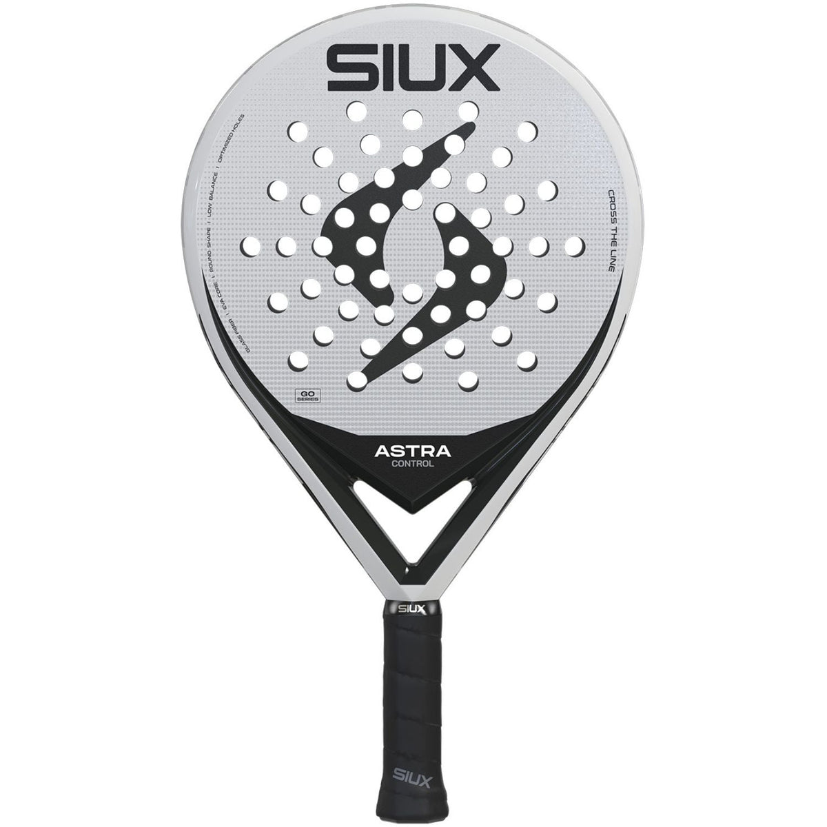 Siux Astra Ctrl 26 padelracket in wit met zwart SIUX-logo, vooraanzicht met rond slagvlak