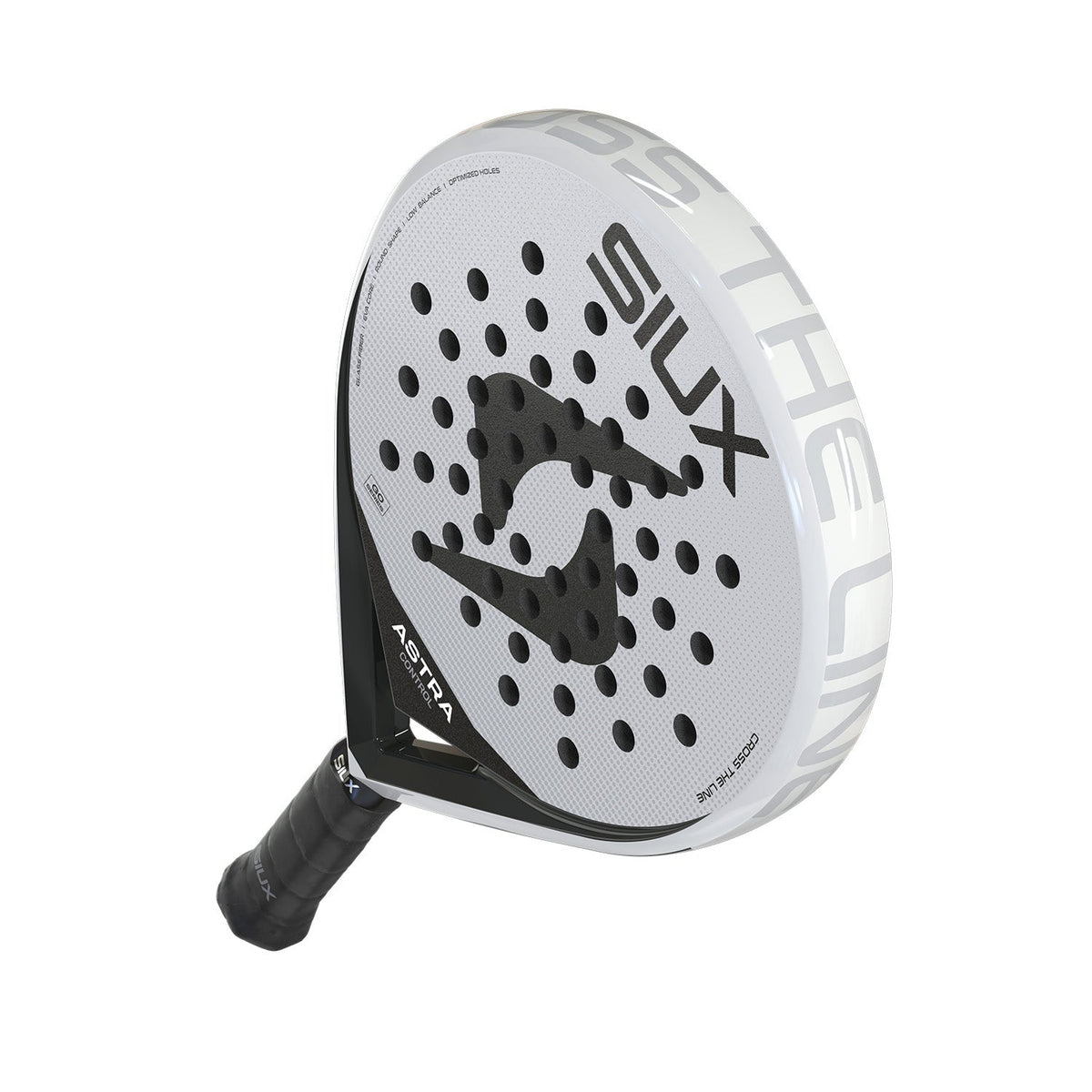 Siux Astra Ctrl 26 padelracket schuin van onderen met zwarte grip en witte framerand