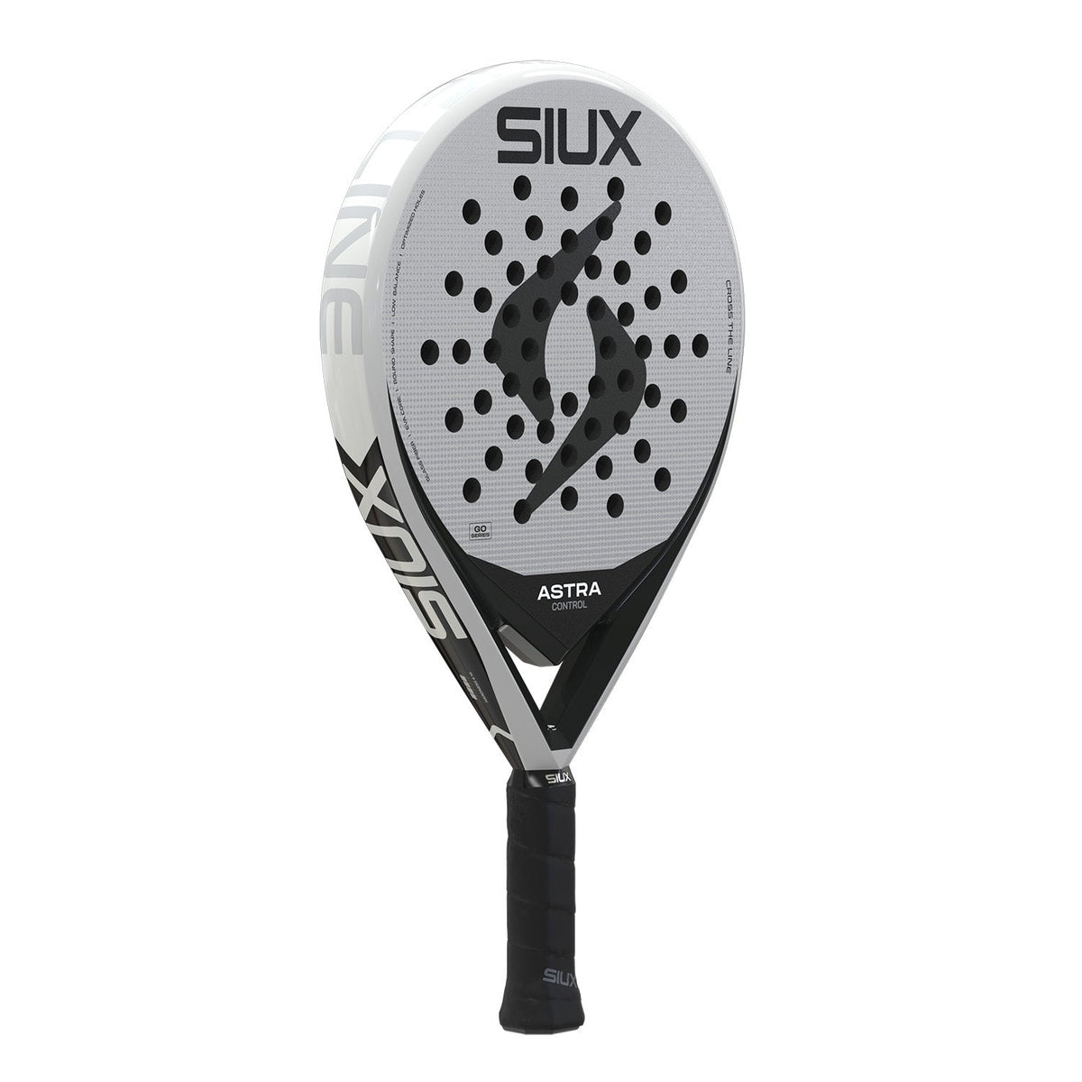 Siux Astra Ctrl 26 padelracket licht gedraaid, smal wit profiel met zwarte belettering