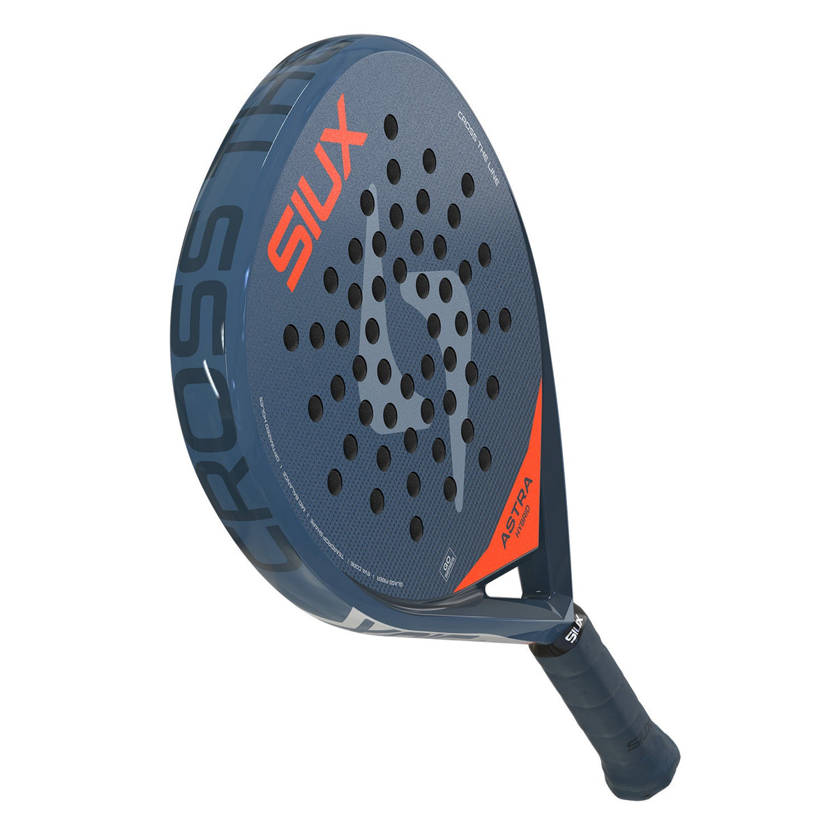 Achterzijde van het Siux Astra Hybrid 26 padelracket in donkerblauw met oranje rand