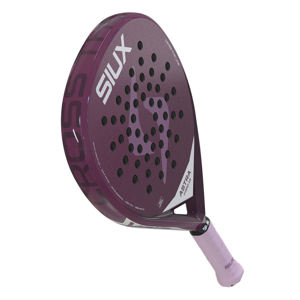 Achterzijde van het Siux Astra Hybrid Air 26 padelracket in paars met witte details