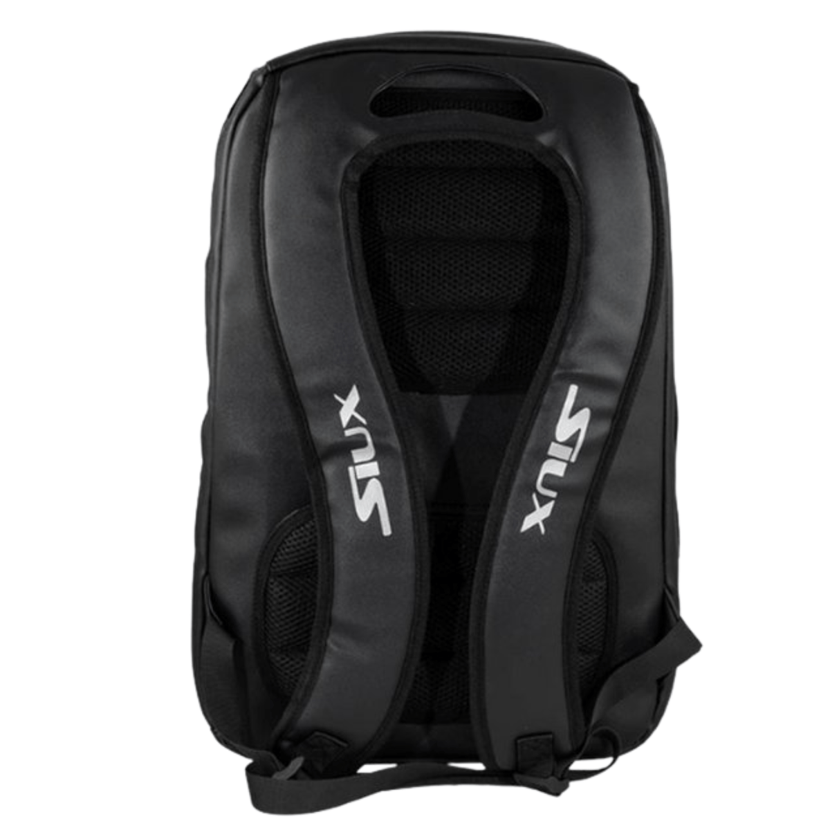 Achterzijde van de Siux The Rook backpack in zwart met gepolsterde schouderbanden en rugpand