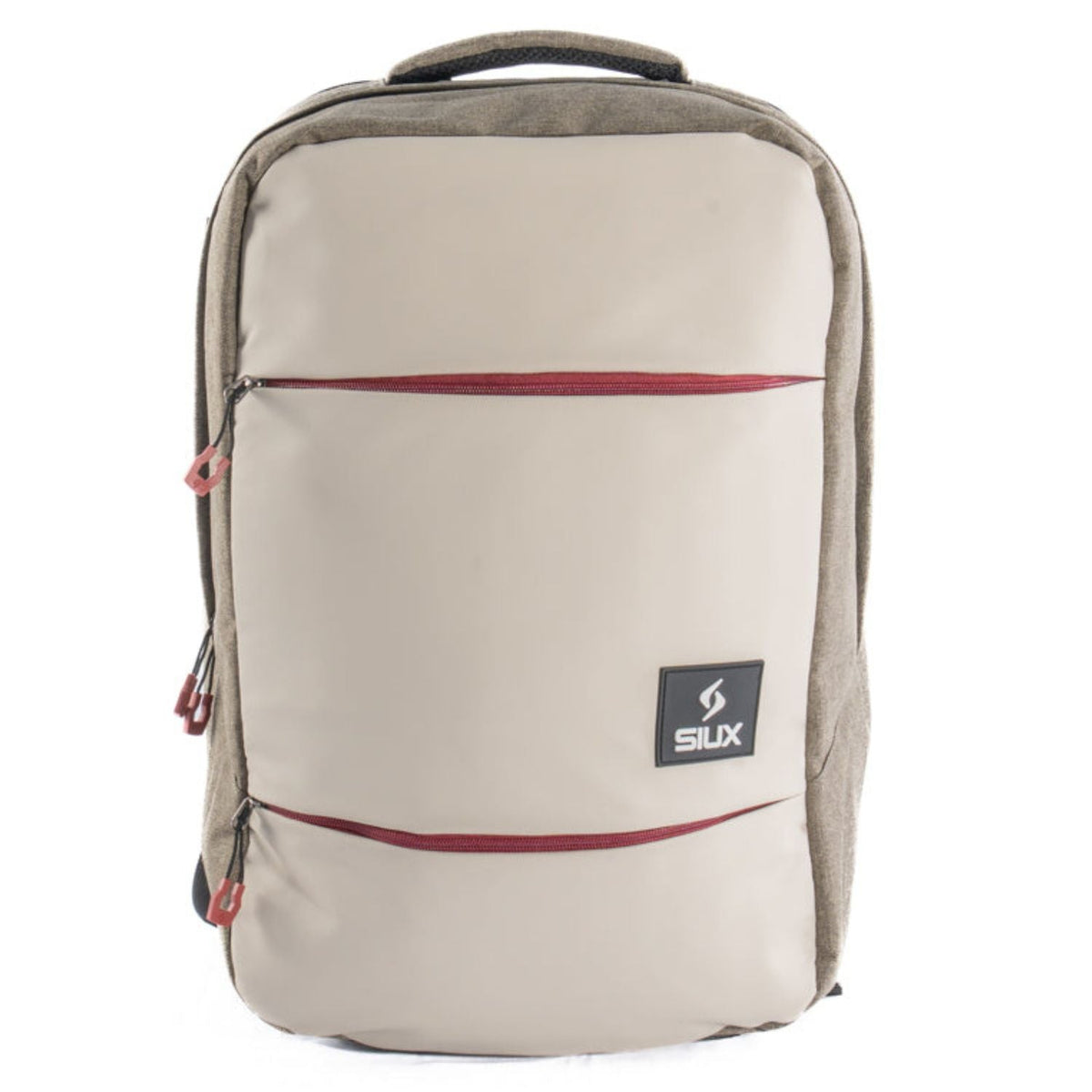 Vooraanzicht van de Siux Backpack Trail 2026 in beige met bordeauxrode ritsen en logolabel