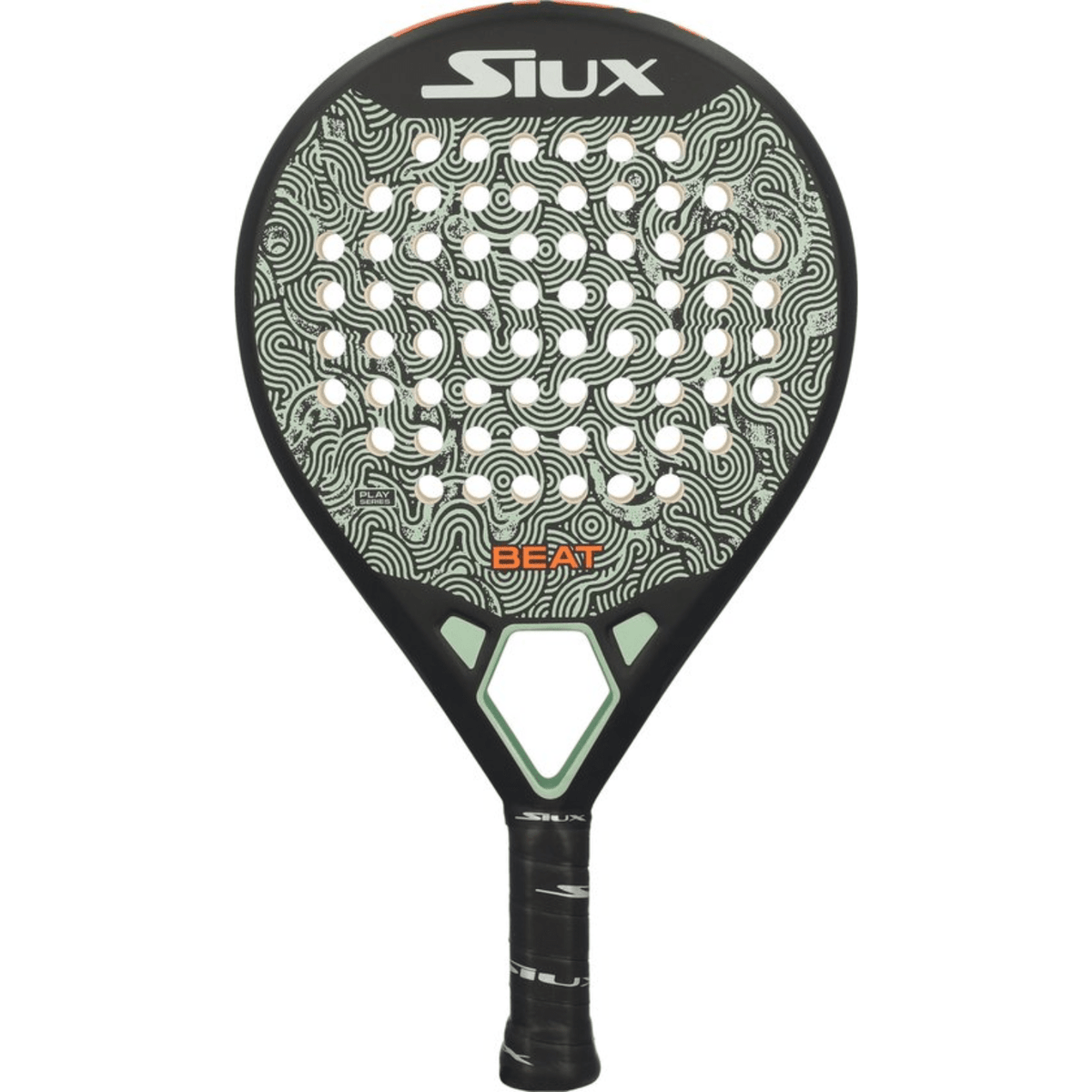 Siux Beat Control padel racket in black with a green and white wave pattern, front view