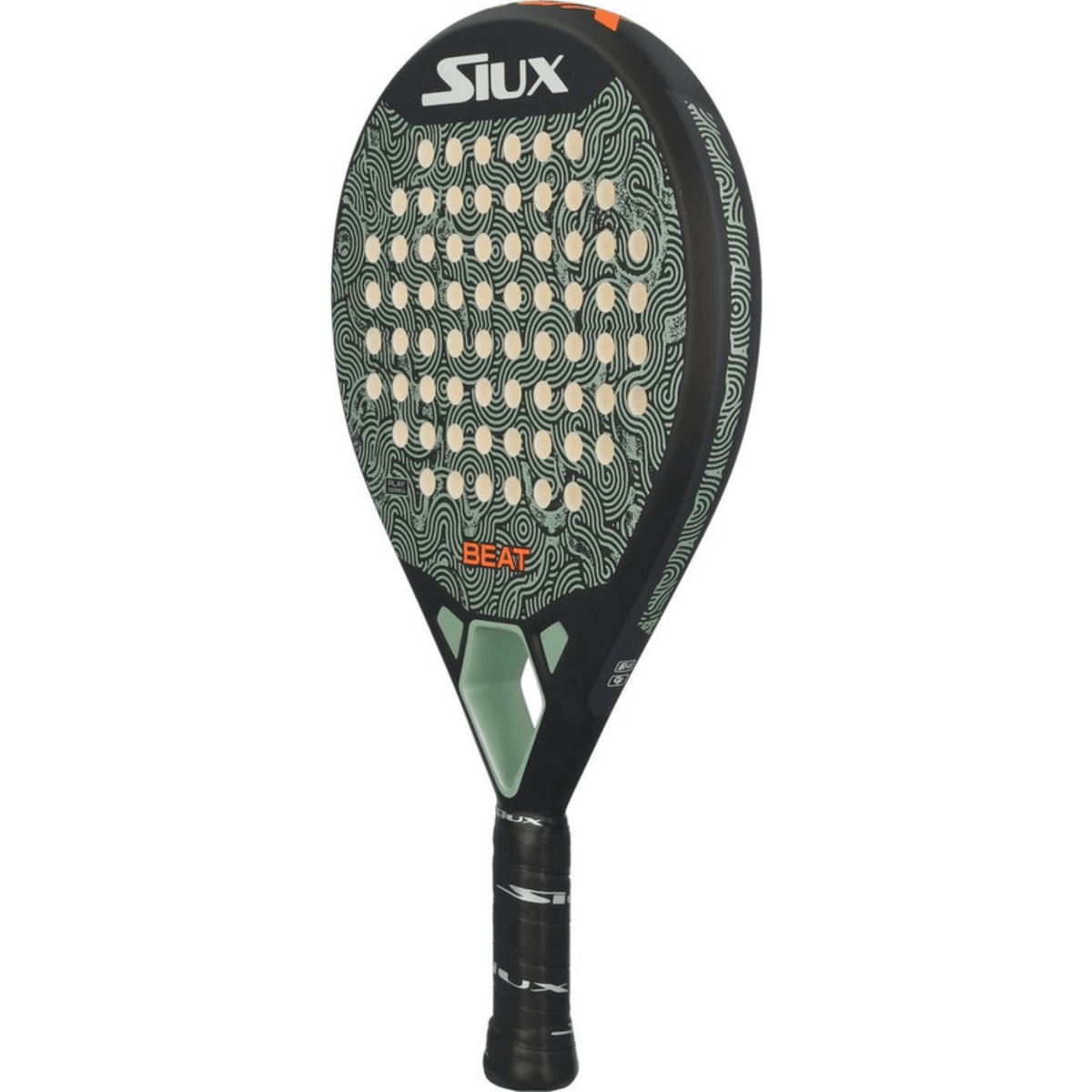 Siux Beat Control padel racket – oblique front view, teardrop shape in black with green