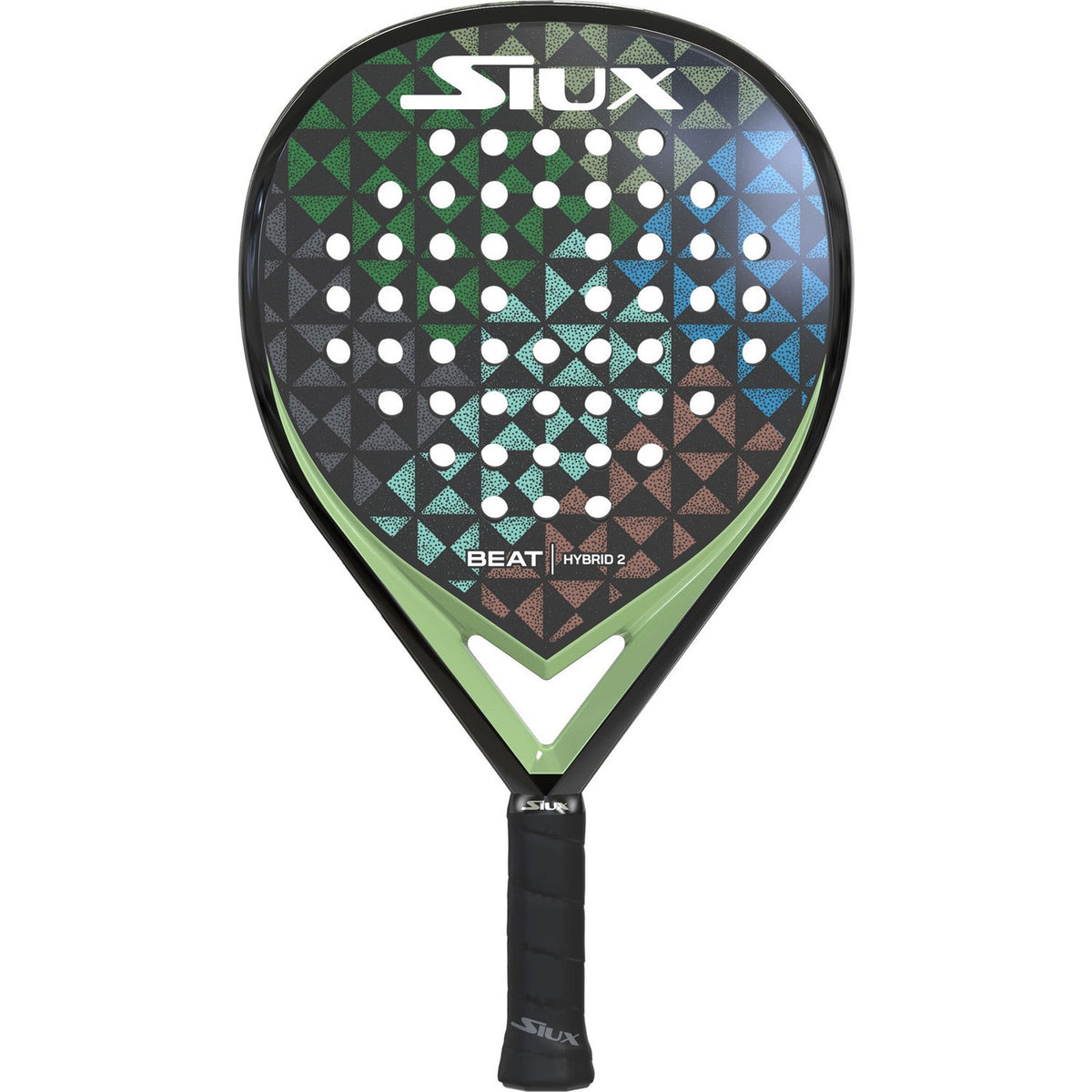 Siux Beat Hybrid 2 padelracket in zwart met gekleurd driehoekpatroon, vooraanzicht