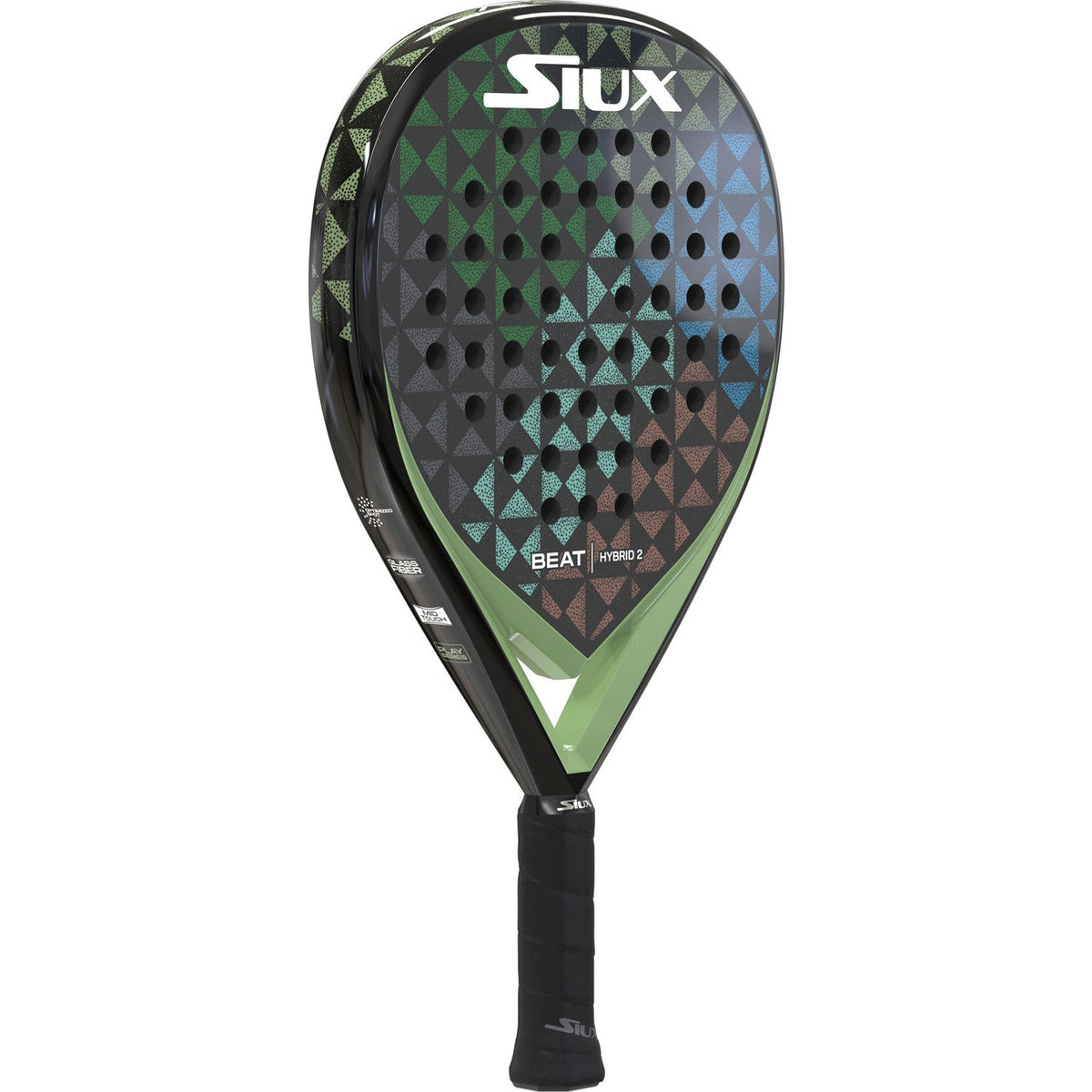 Siux Beat Hybrid 2 padelracket schuin vooraanzicht, druppelvorm in zwart met groen