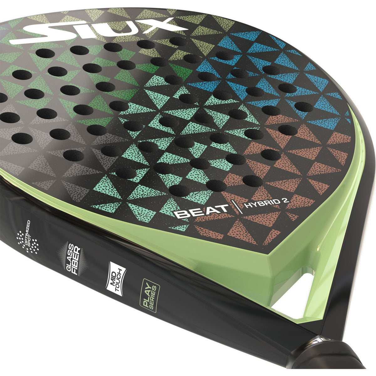 Close-up van het slagvlak van het Siux Beat Hybrid 2 met groene rand en driehoeken