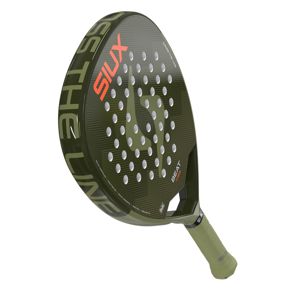 Achterzijde van het Siux Beat Hybrid 3 26 padelracket in legergroen met oranje logo