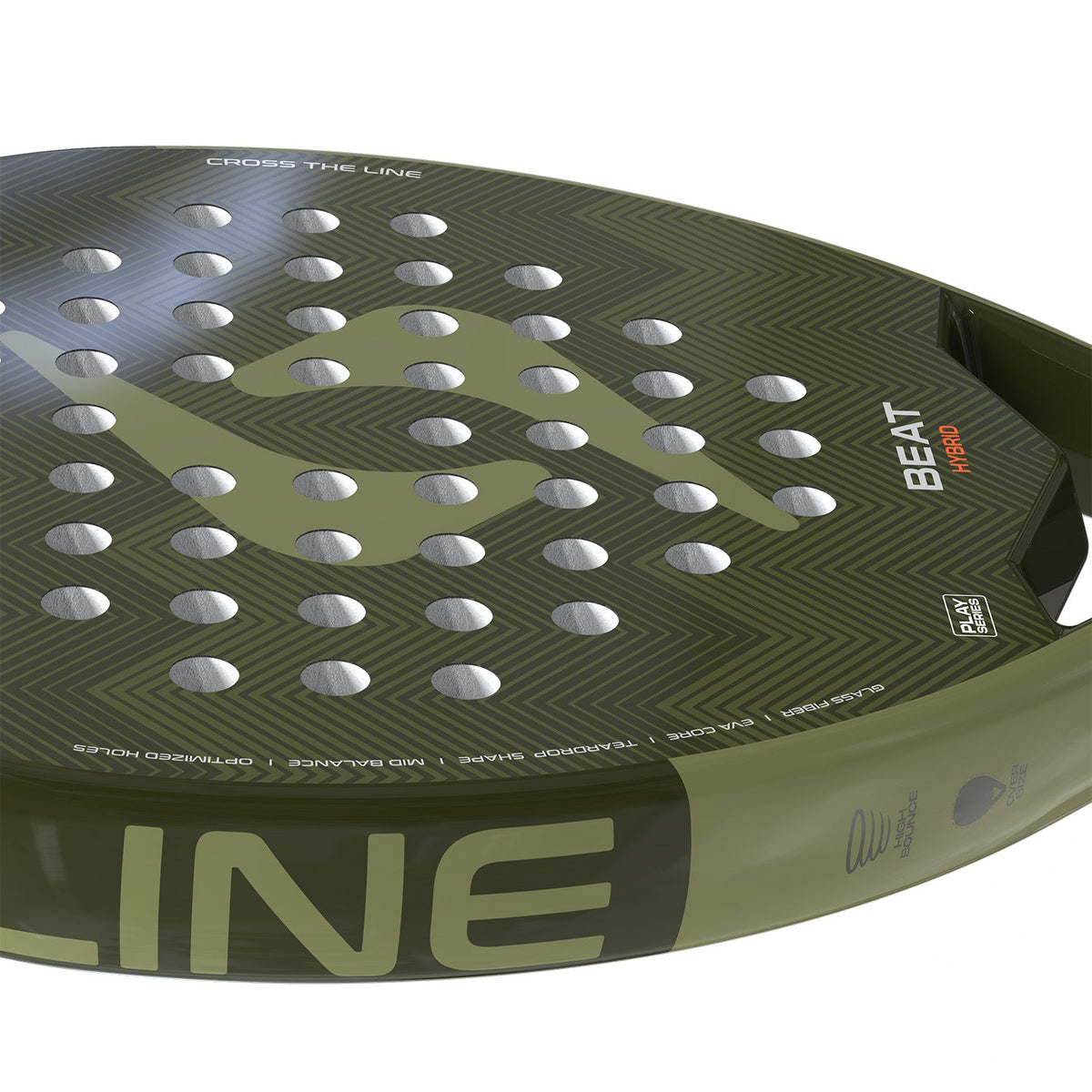 Detail van het groene slagvlak van het Siux Beat Hybrid 3 26 met tekst CROSS THE LINE