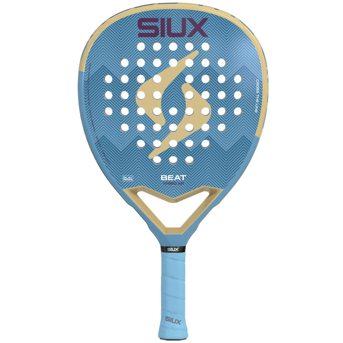 Siux Beat Hybrid Air 3 26 padelracket in lichtblauw met gouden logo, vooraanzicht