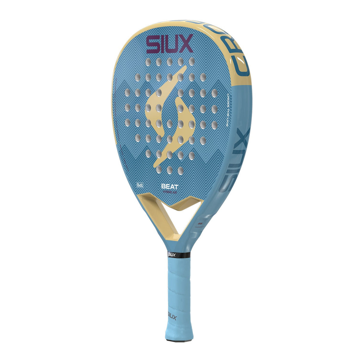 Siux Beat Hybrid Air 3 26 padelracket schuin vooraanzicht, druppelvorm in lichtblauw