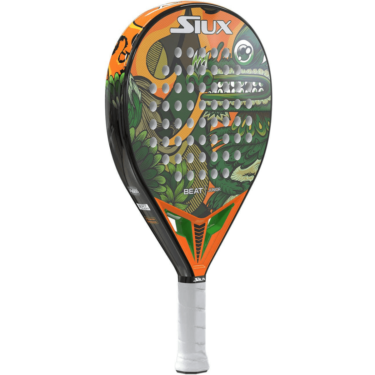 Siux Beat Junior padelracket schuin vooraanzicht, rondvorm met witte grip voor kinderen