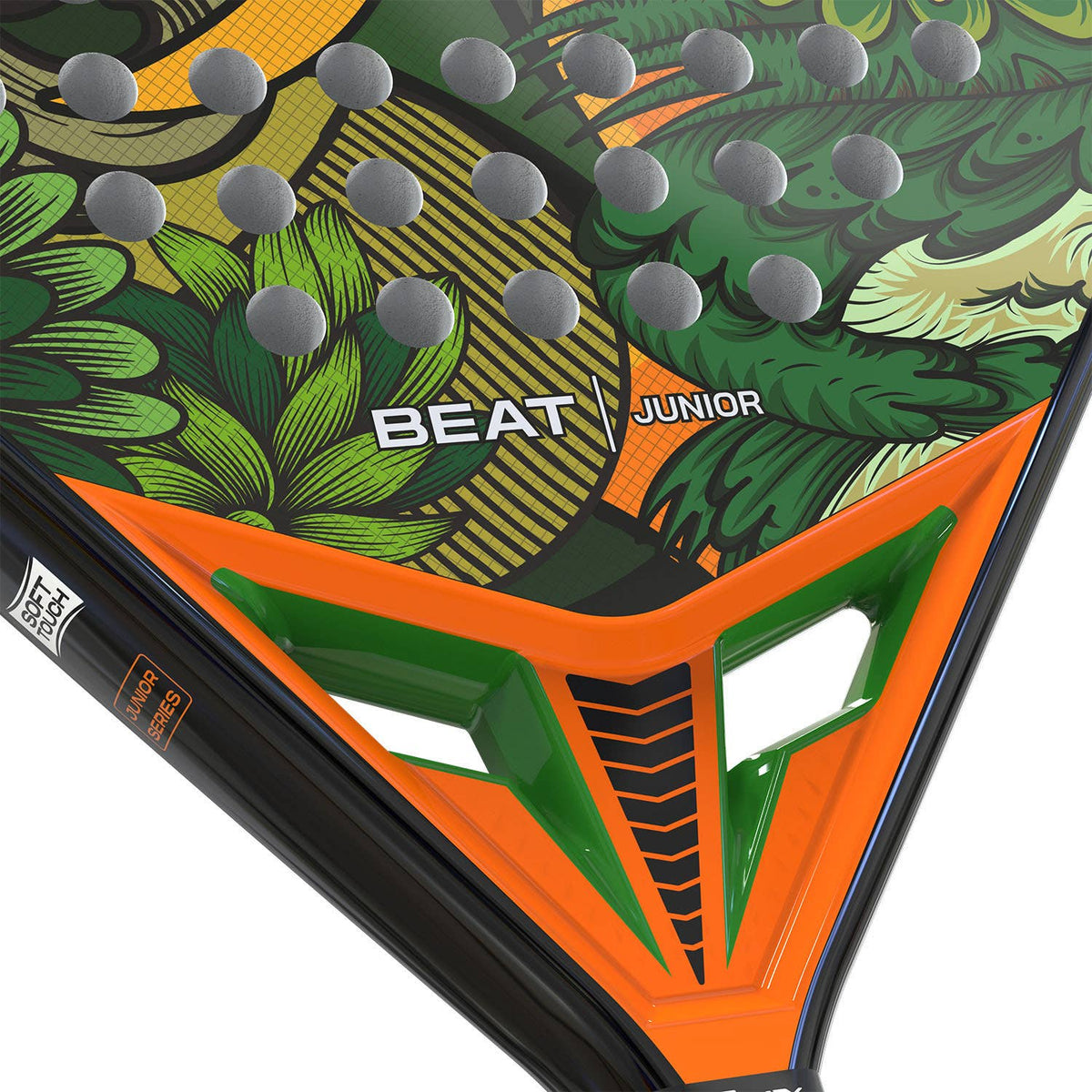 Detail van het oranje hart van het junior padelracket Siux Beat Junior met BEAT-opdruk