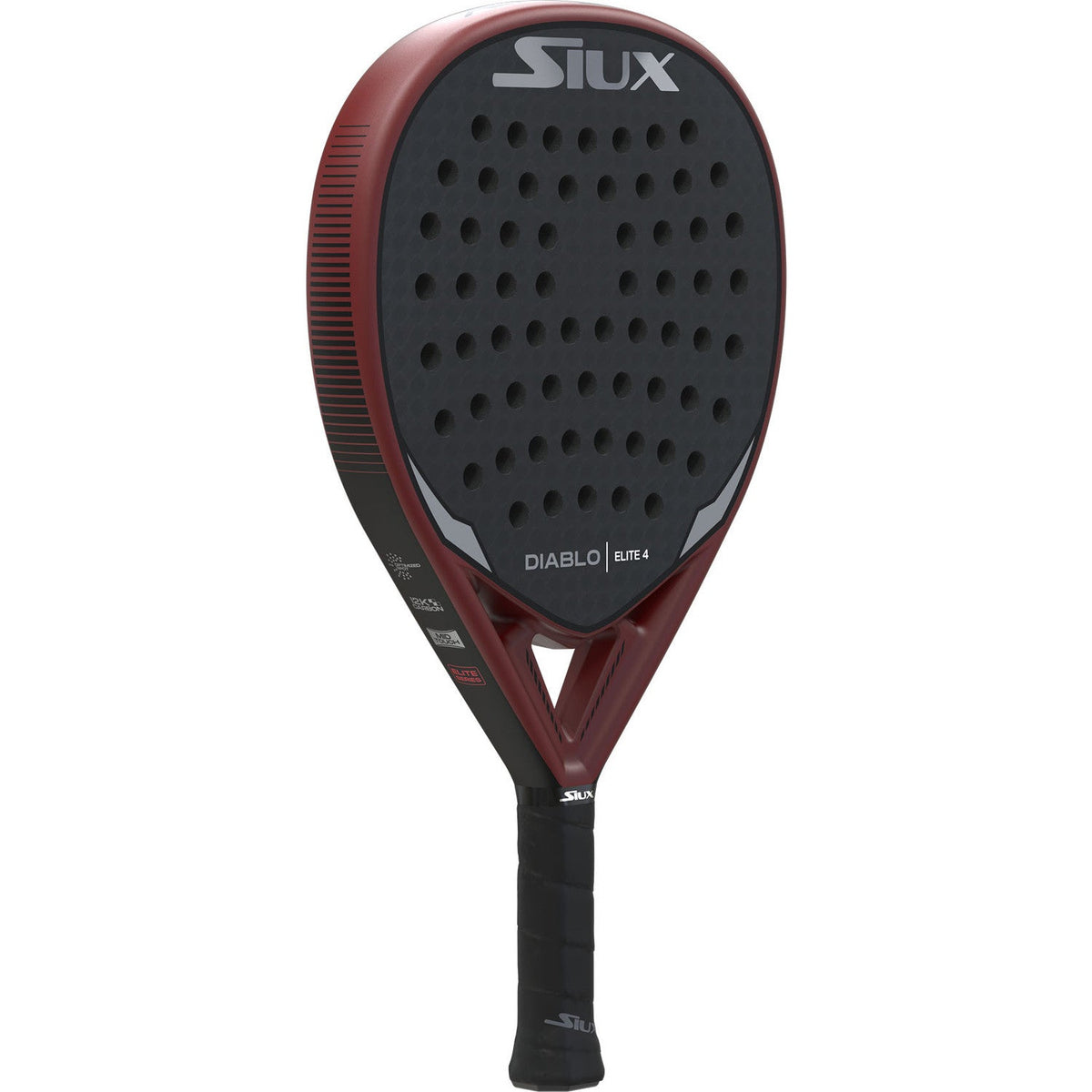 Siux Diablo Elite 4 padelracket schuin vooraanzicht, druppelvorm in zwart en rood