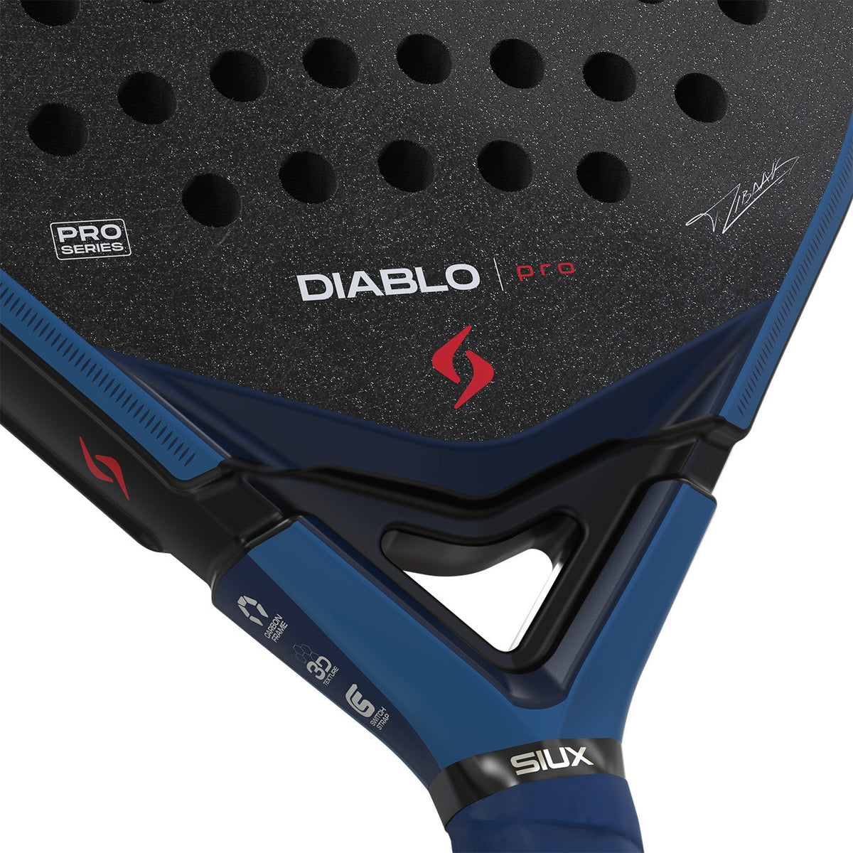 Detail van het hart van de blauwe Siux Diablo Pro 26 met witte opdruk DIABLO PRO