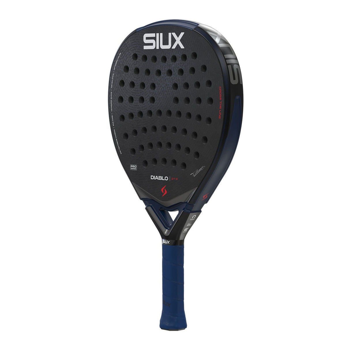 Siux Diablo Pro 26 Padel racket – oblique front view, teardrop shape in black and blue