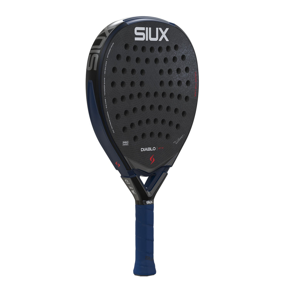 Siux Diablo Pro 26 Padel racket, slightly angled, with a dark blue grip and black head