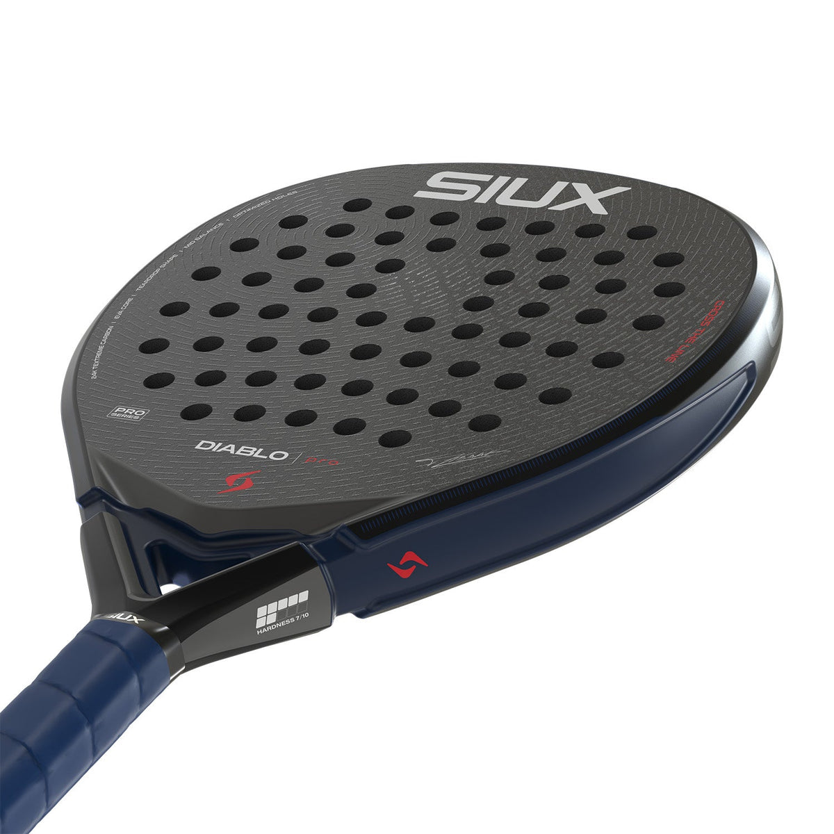 Side view of the Siux Diablo Pro 26 with a blue grip and white ‘Siux’ lettering