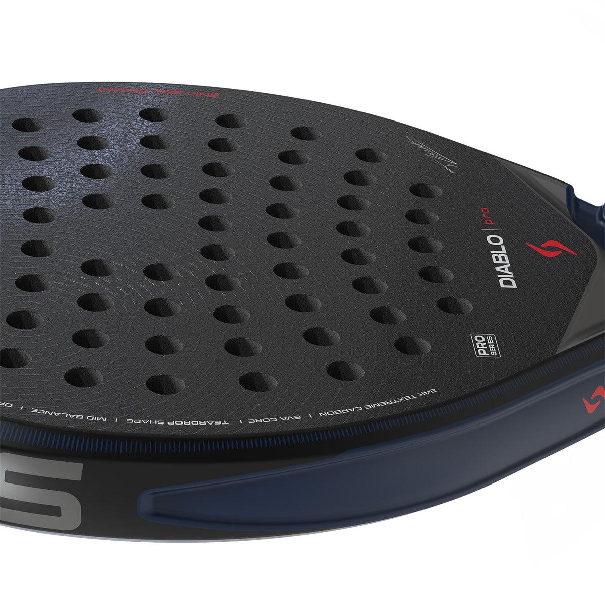 Close-up of the rough black hitting surface of the Siux Diablo Pro 26 with a blue rim