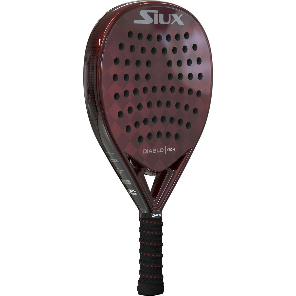 Siux Diablo Pro 4 padelracket schuin vooraanzicht, druppelvorm in bordeauxrood