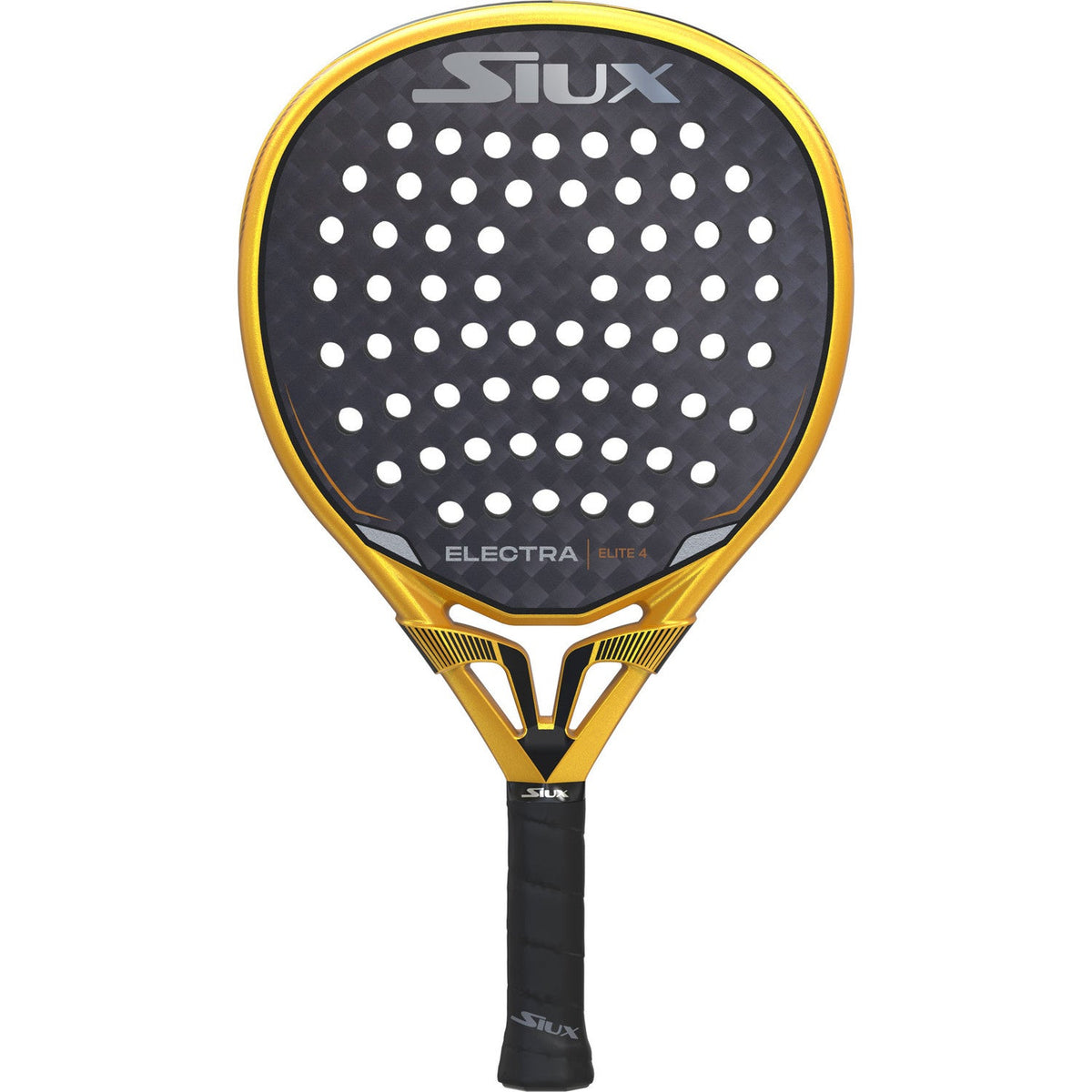 Siux Electra Elite 4 padelracket in goud met donkergrijs slagvlak, vooraanzicht