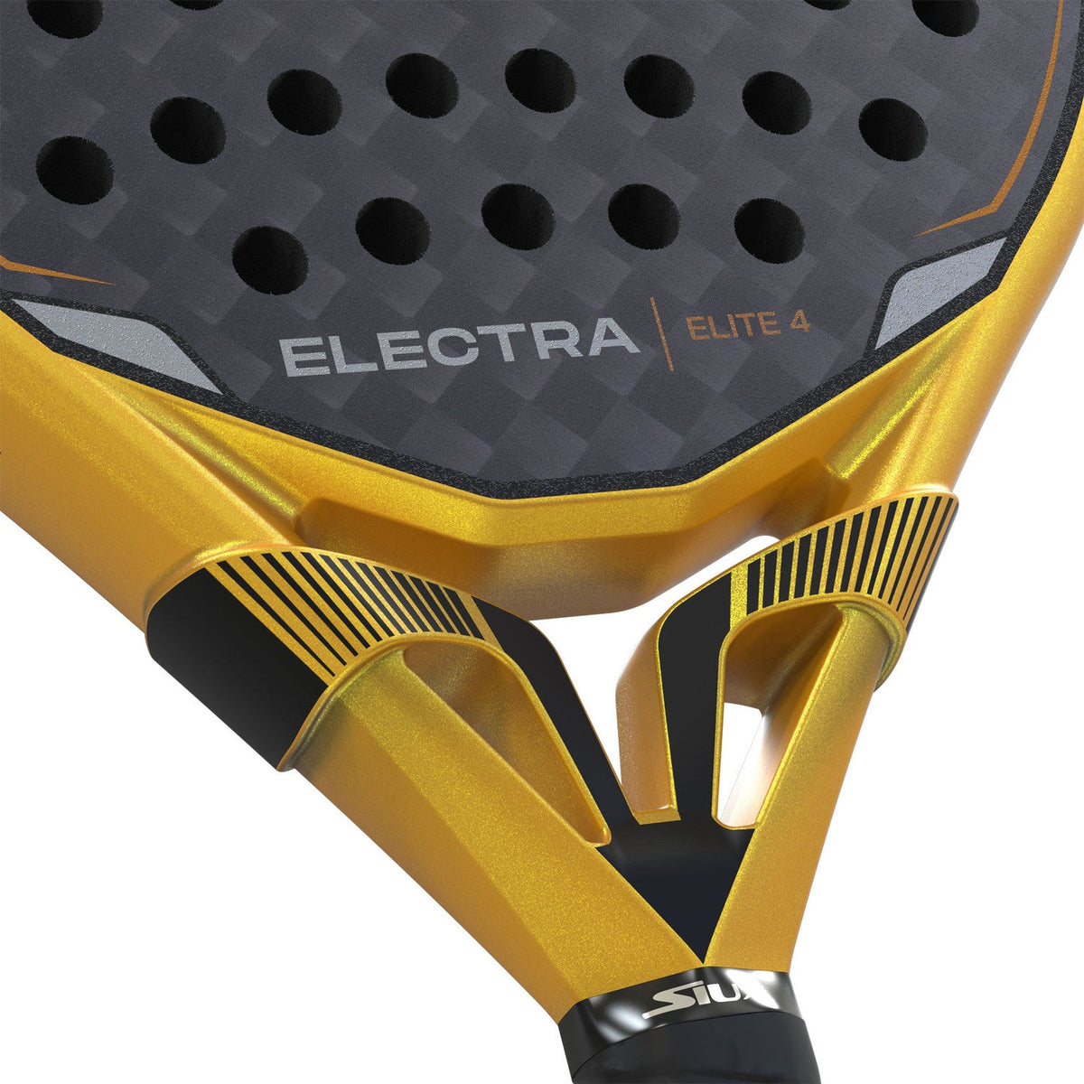 Detail van het gouden hart van het Siux Electra Elite 4 met opdruk ELECTRA ELITE 4