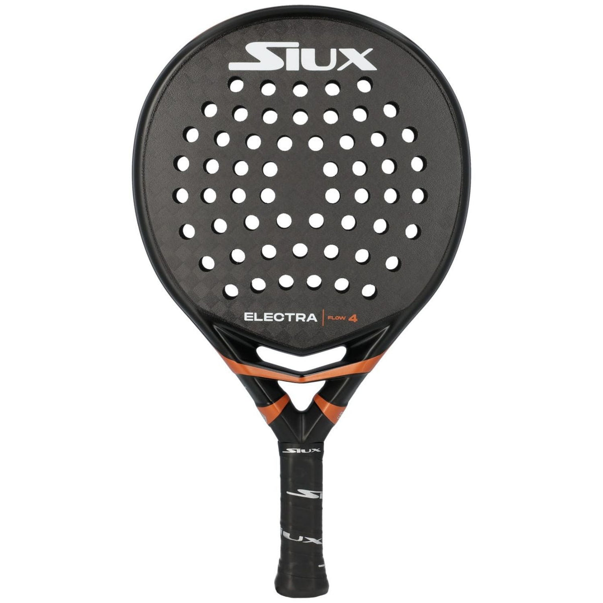 Siux Electra Flow 4 padelracket in zwart met oranje accenten, vooraanzicht