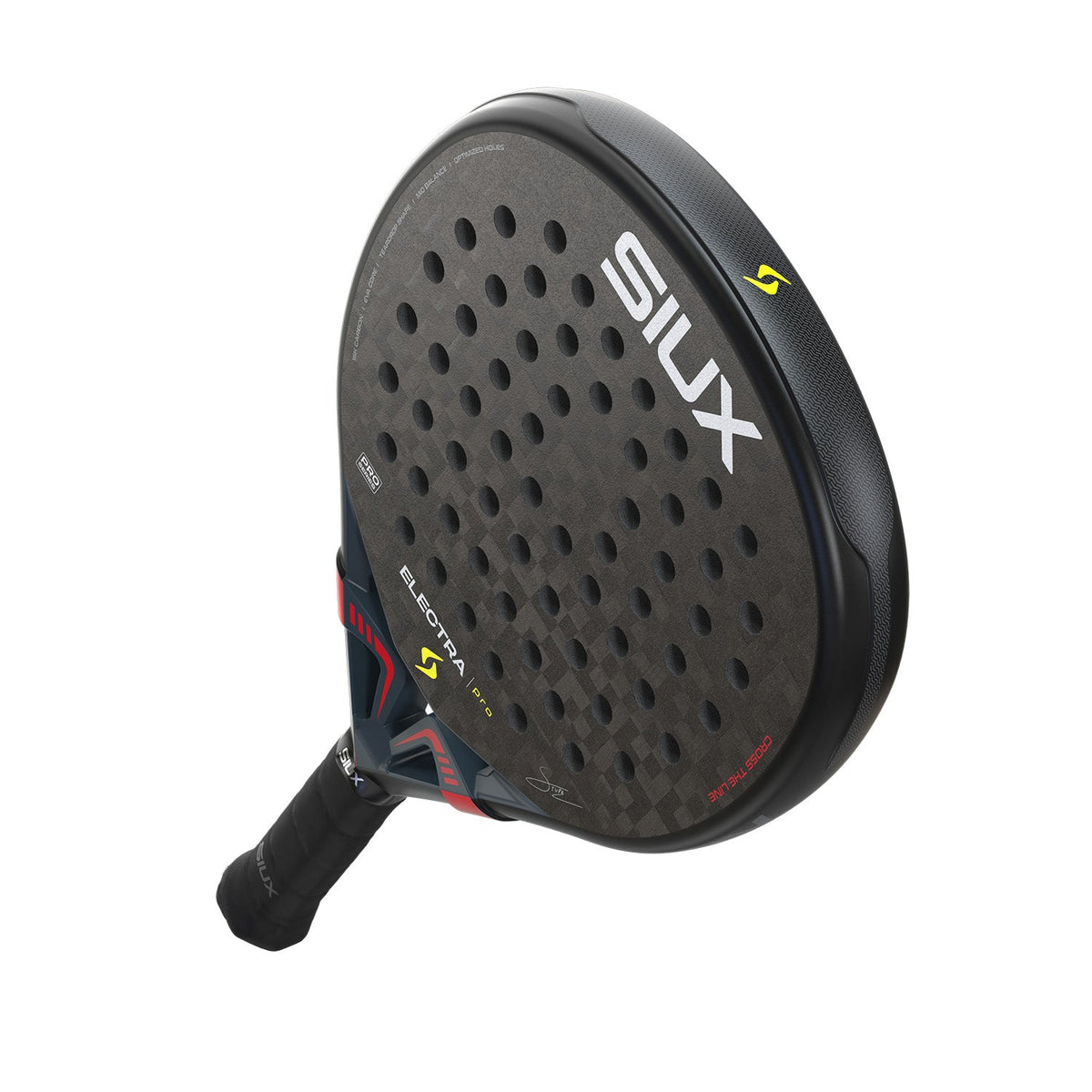 The Siux Electra Pro 26 Padel racket, viewed from below at an angle, with a black grip