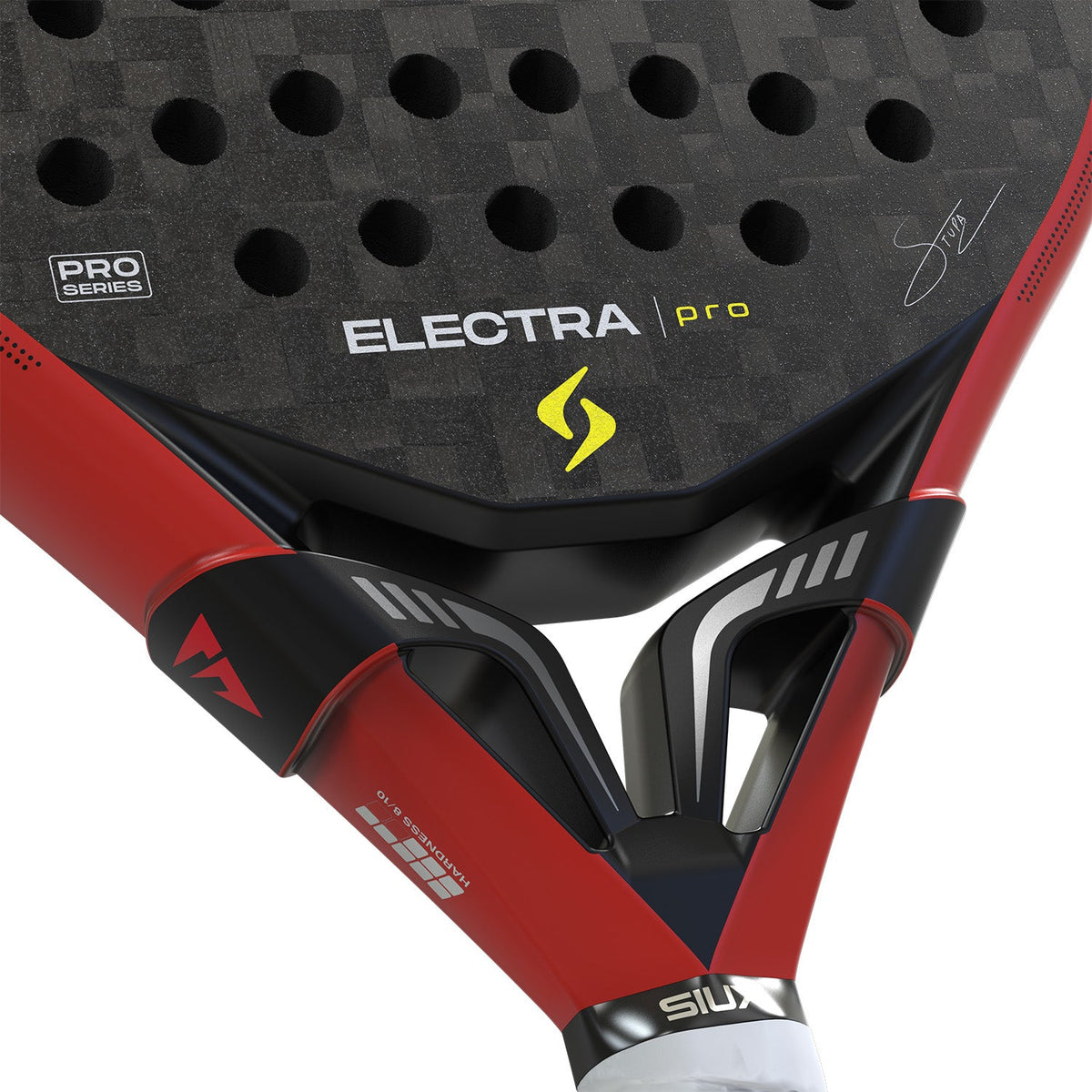 Detalje af midten af den røde Siux Electra Pro 26 med gult logo på sort baggrund