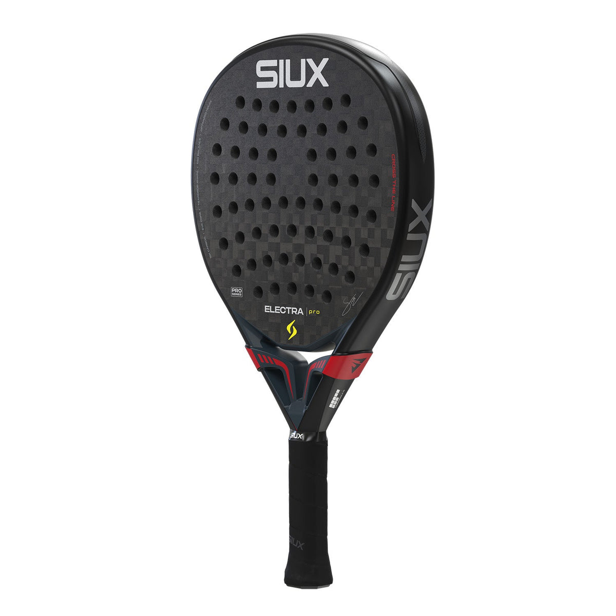 Siux Electra Pro 26 padel racket – oblique front view, teardrop shape in black and red