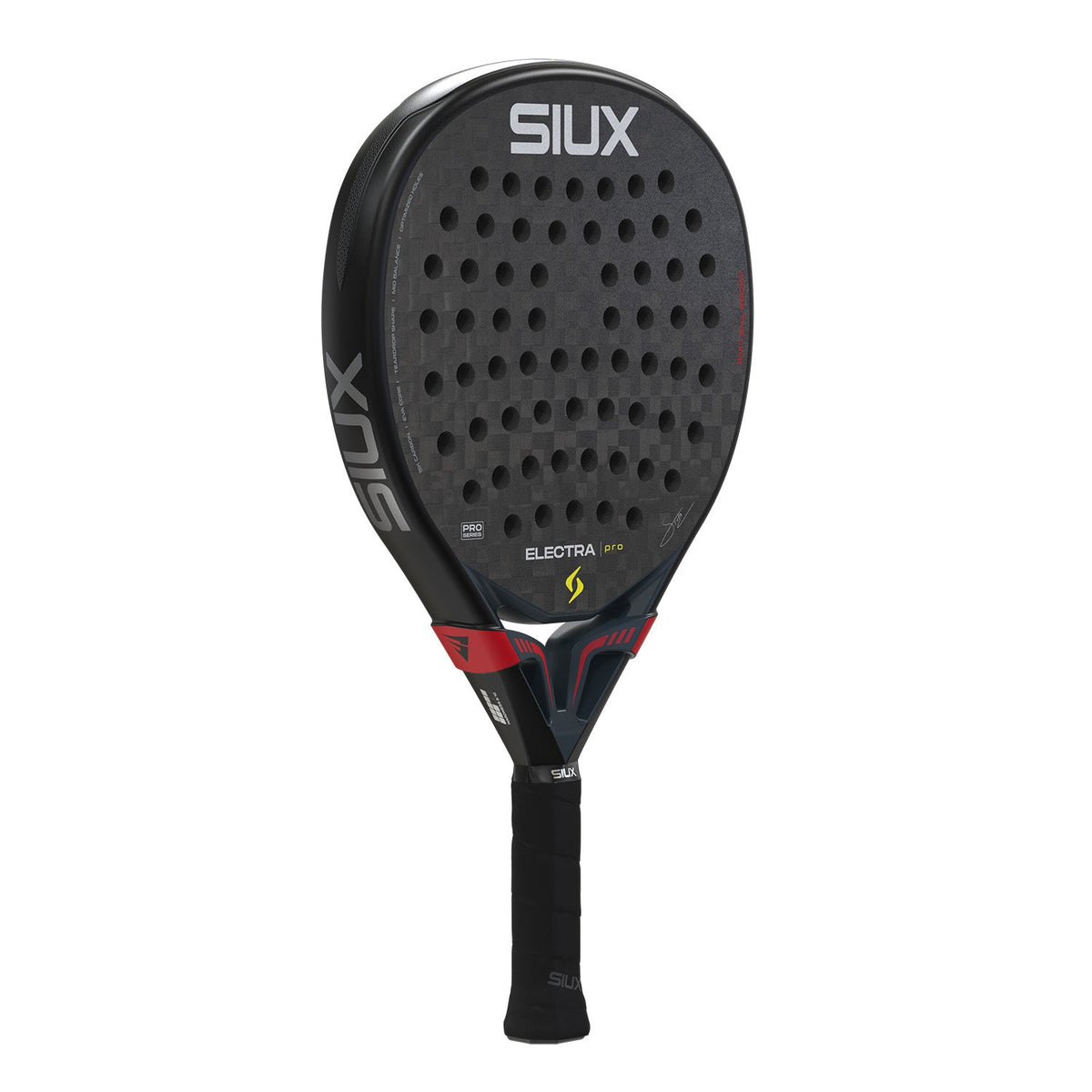 Siux Electra Pro 26 padel racket, slightly twisted, black face with red frame edging