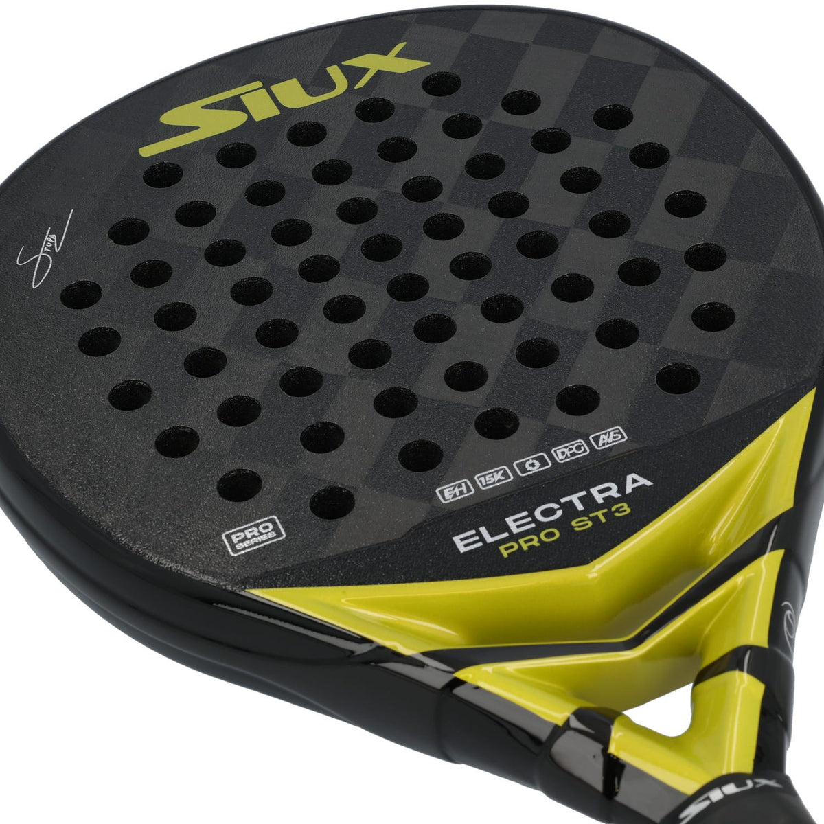 Siux Electra ST3 Pro padelbat, vist på skrå med gult Siux-logo