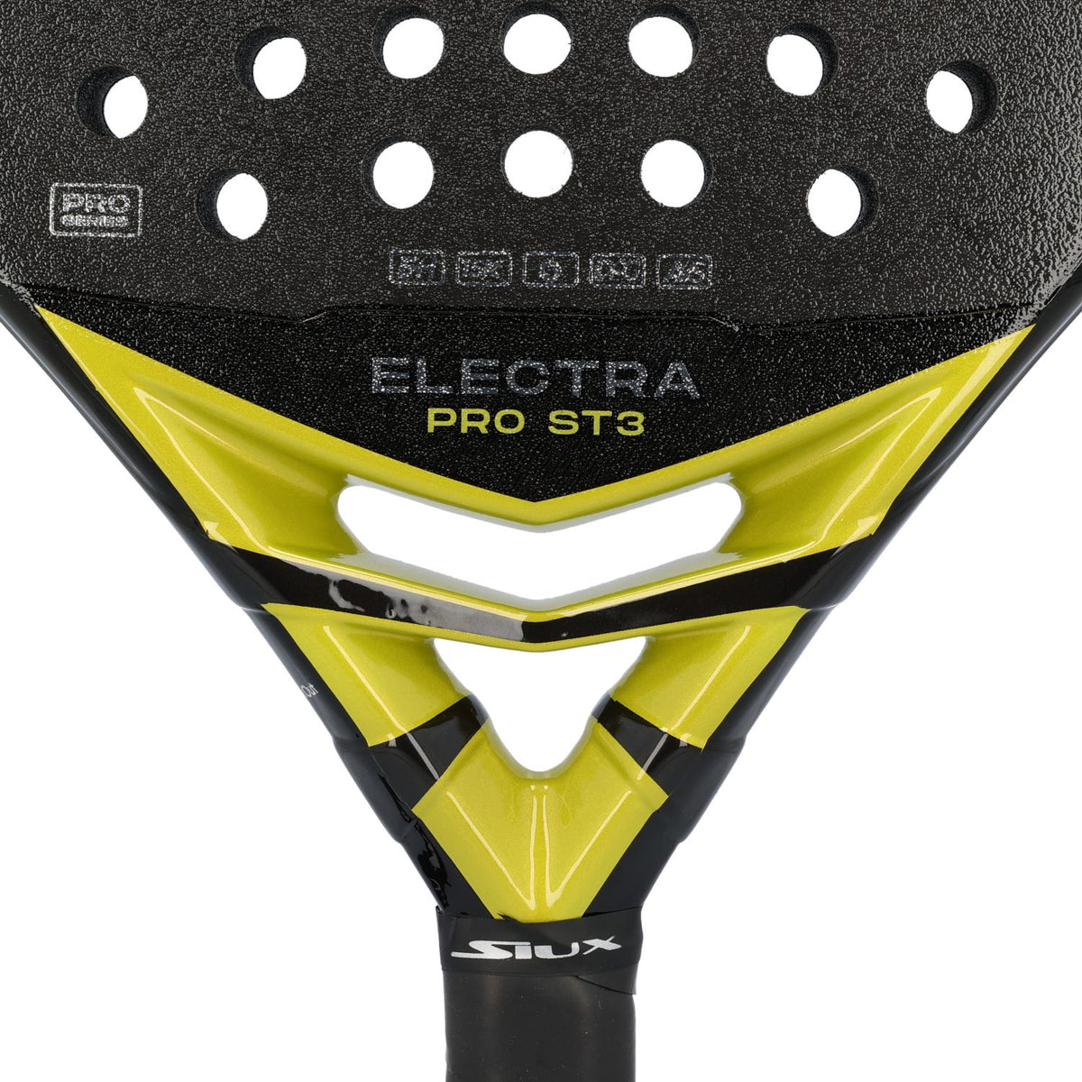 Detalje af slagfladen og midten af Siux Electra ST3 Pro med gule detaljer