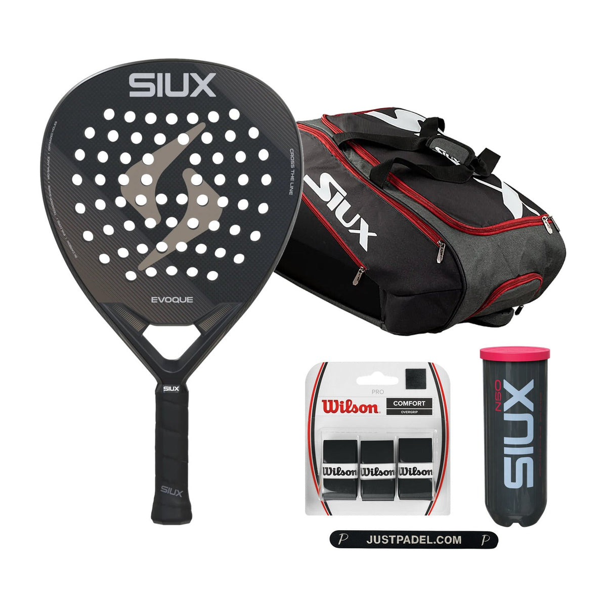 Siux Evoque Complete Beginner Bundle: Siux Evoque 3K 2026 padelracket, Siux Racketbag Pro Tour Grey, Siux Neo padelballen, Wilson Pro Overgrips en Justpadel Protector