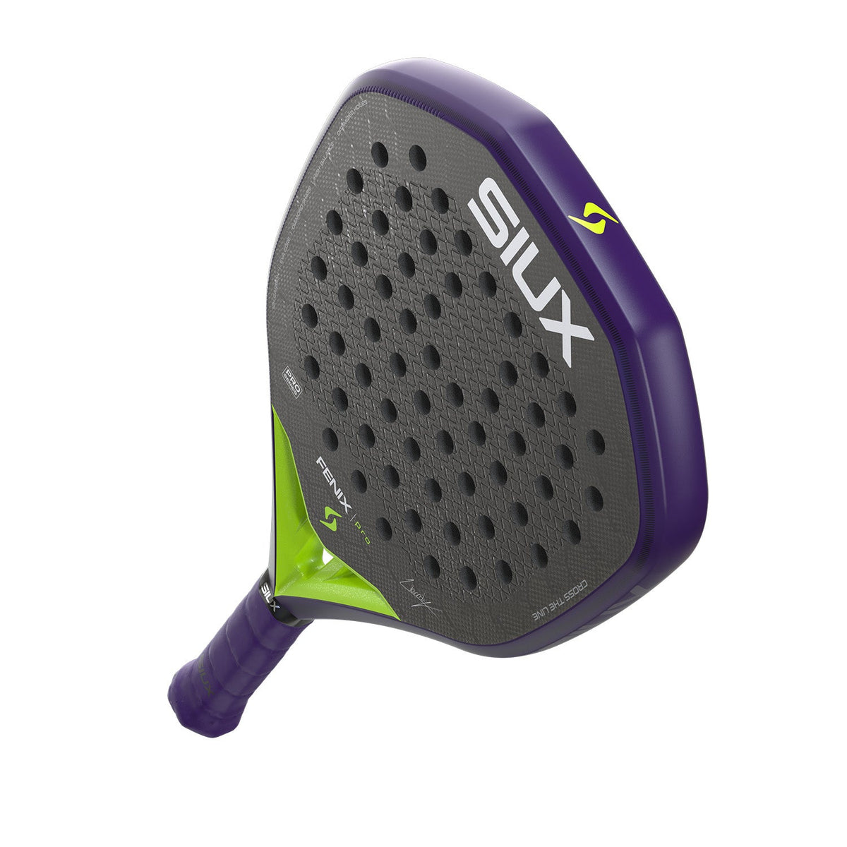 Siux Fenix Pro 26 padelracket schuin van onderen met paarse grip in beeld