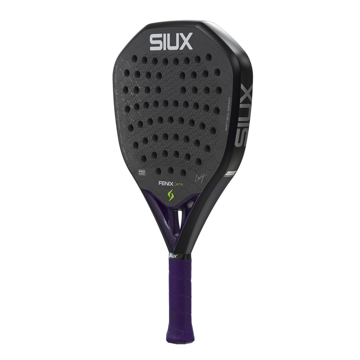 Zwarte Siux Fenix Pro 26 padelracket schuin vooraanzicht met grijs slagvlak