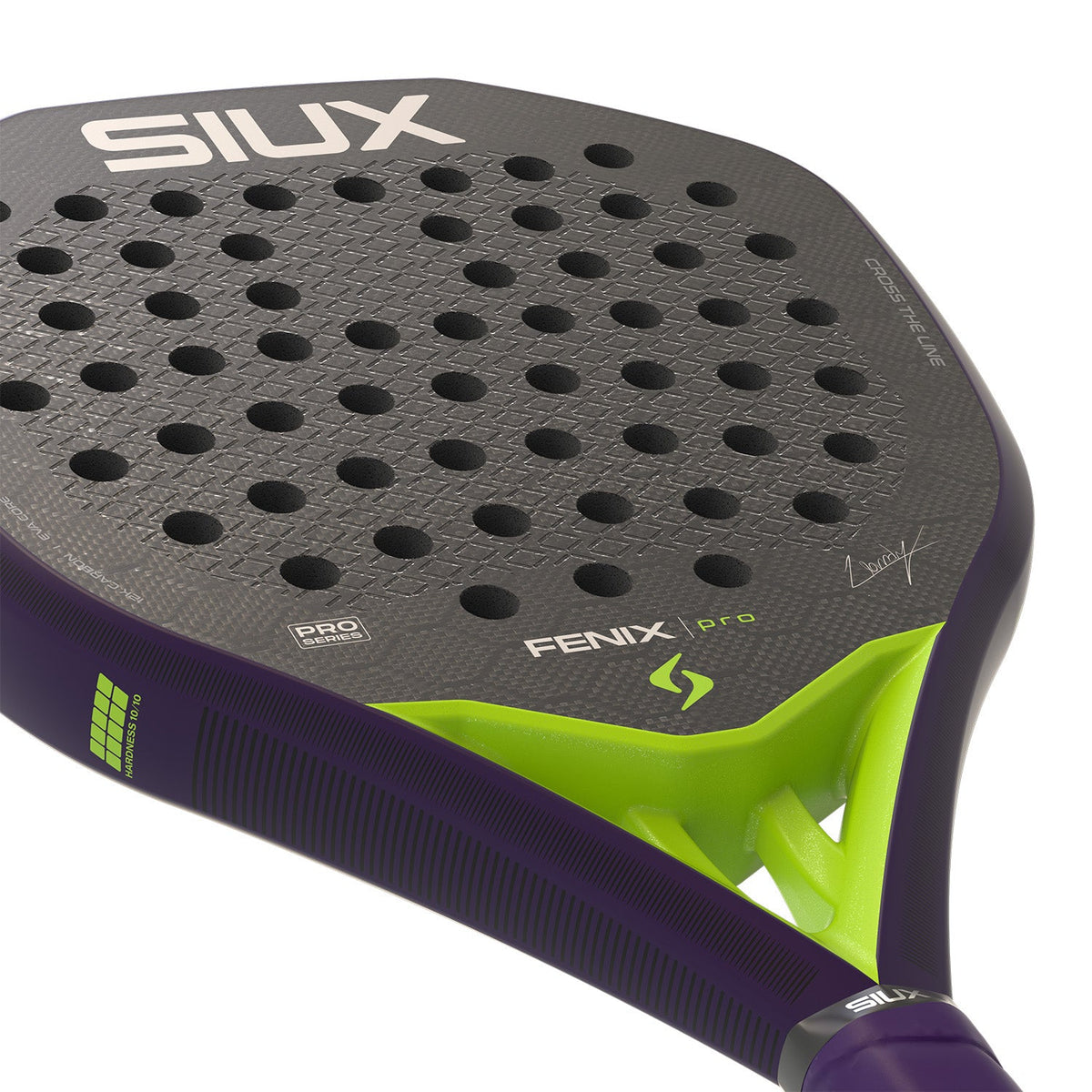 Close-up van het slagvlak van het Siux Fenix Pro 26 met groene opdruk FENIX pro