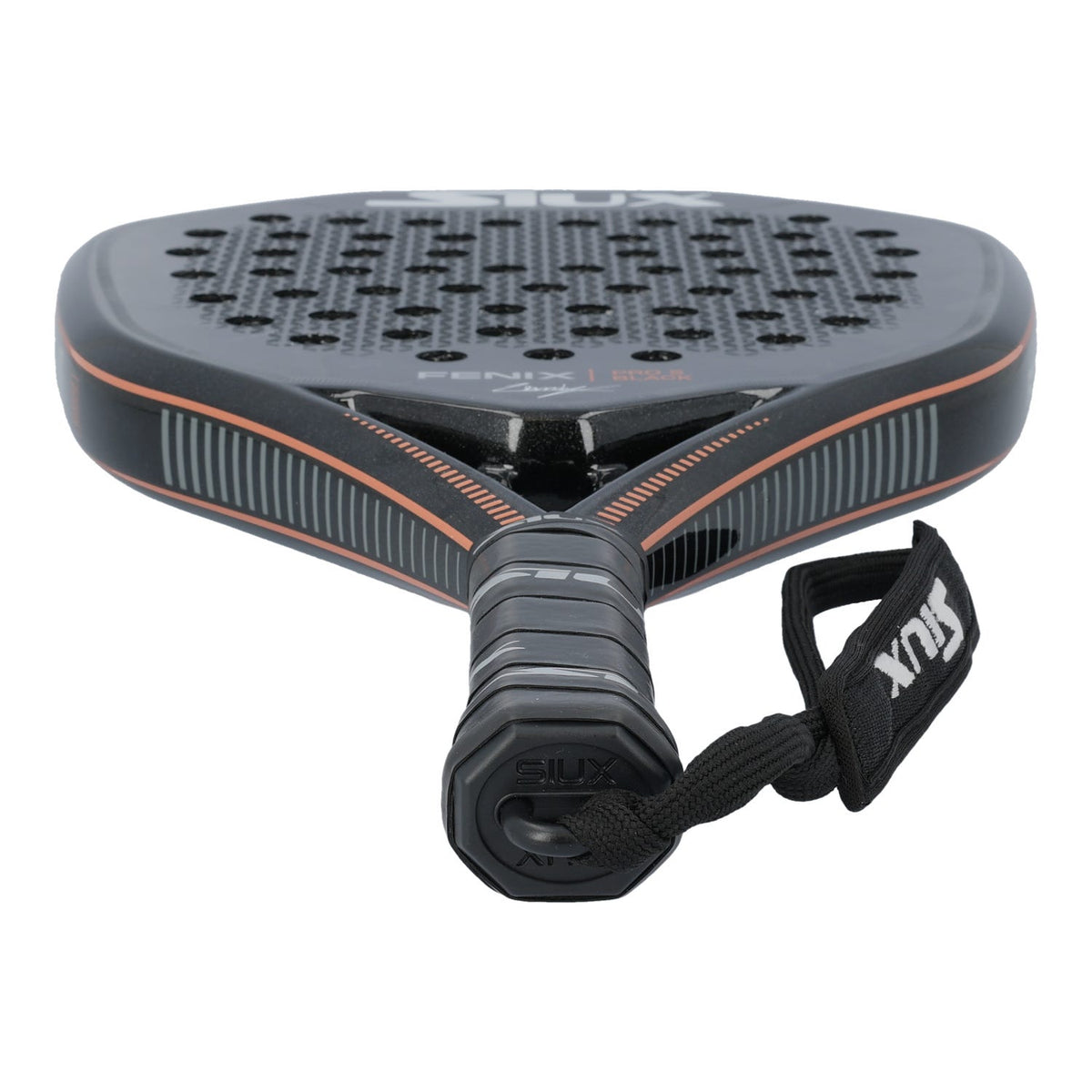 Siux Fenix Pro 5 Black padelracket liggend met polsband en zwarte grip