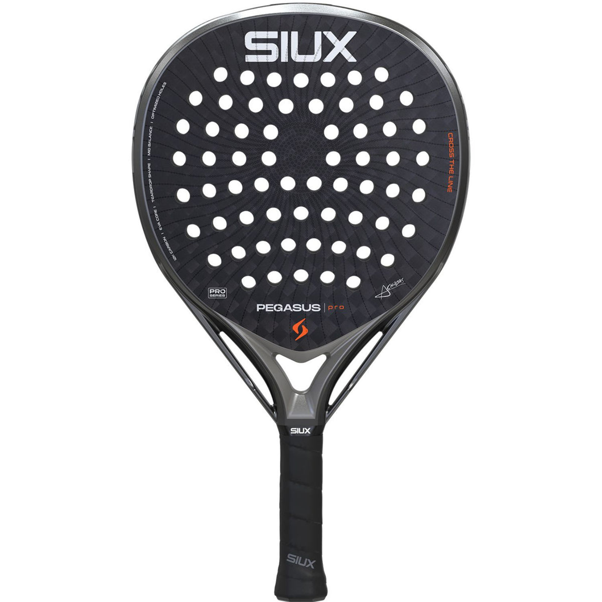 Siux Pegasus Pro 26 padelracket in zwart met zilvergrijs frame, vooraanzicht