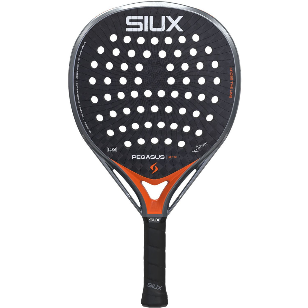 Siux Pegasus Pro 26 padelracket in de oranje uitvoering, vooraanzicht met zwart blad