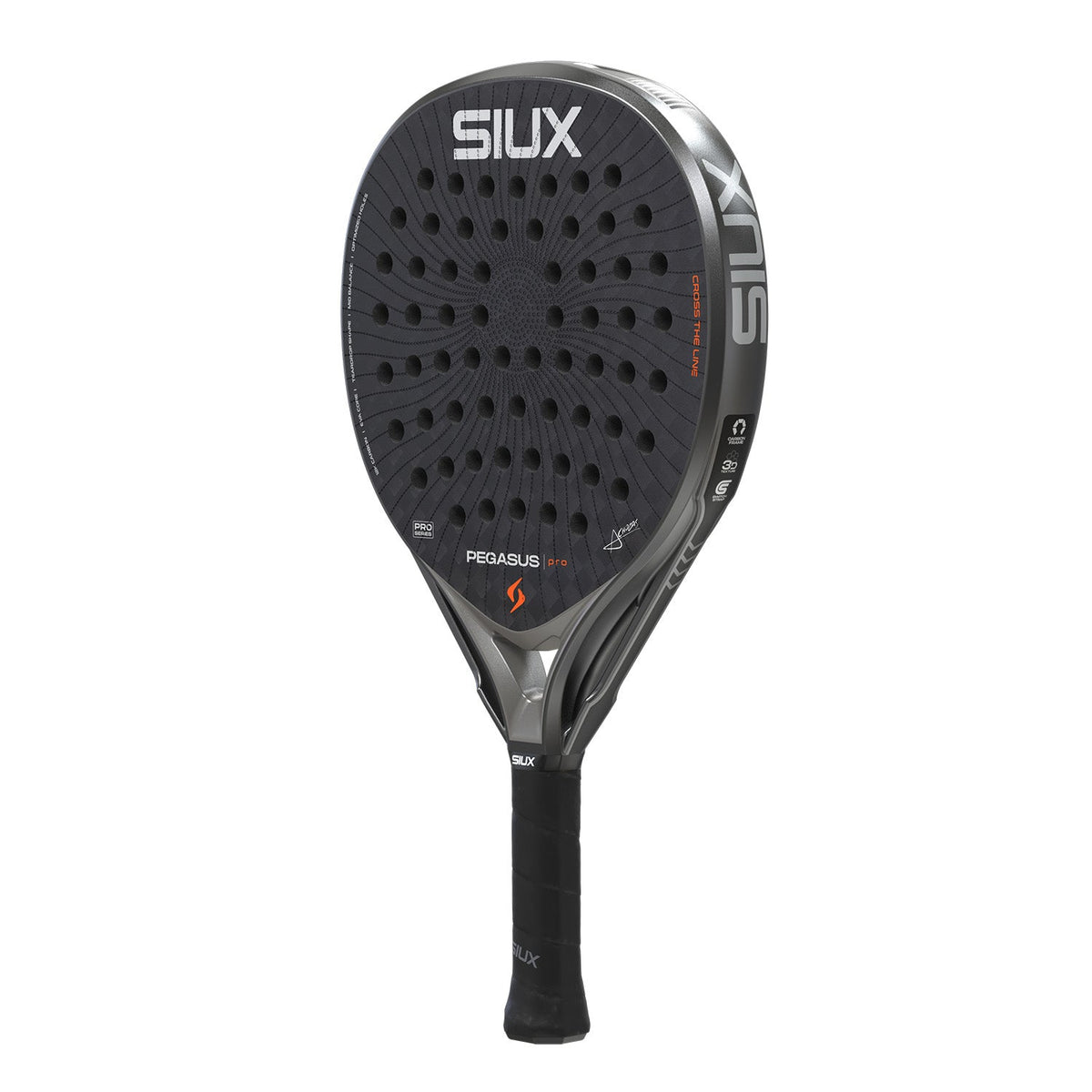 Siux Pegasus Pro 26 padelracket schuin vooraanzicht, hybridevorm in zwart en grijs