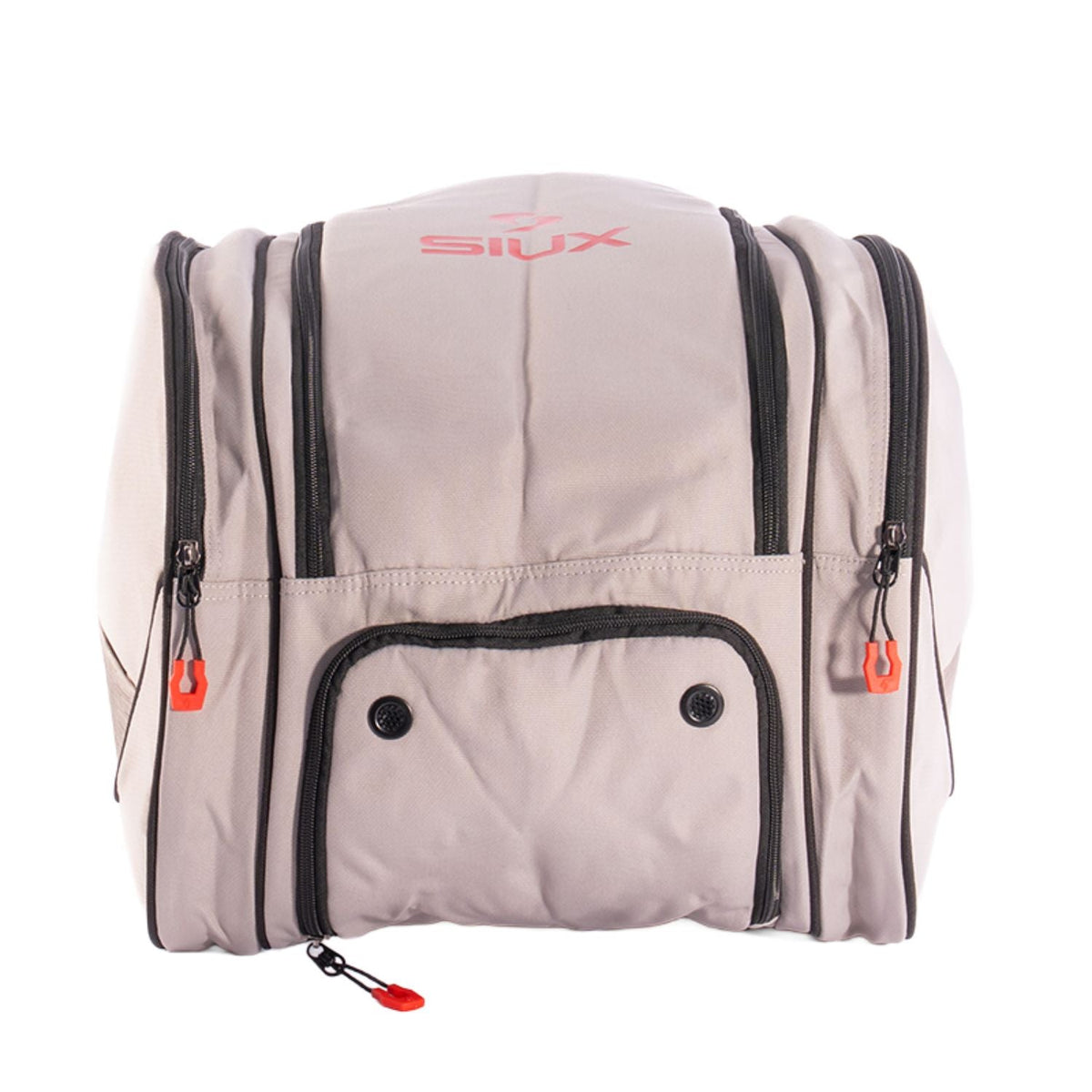 Bovenaanzicht van de beige Siux Edge 2026 racketbag met ritsvak vooraan en rode trekkers