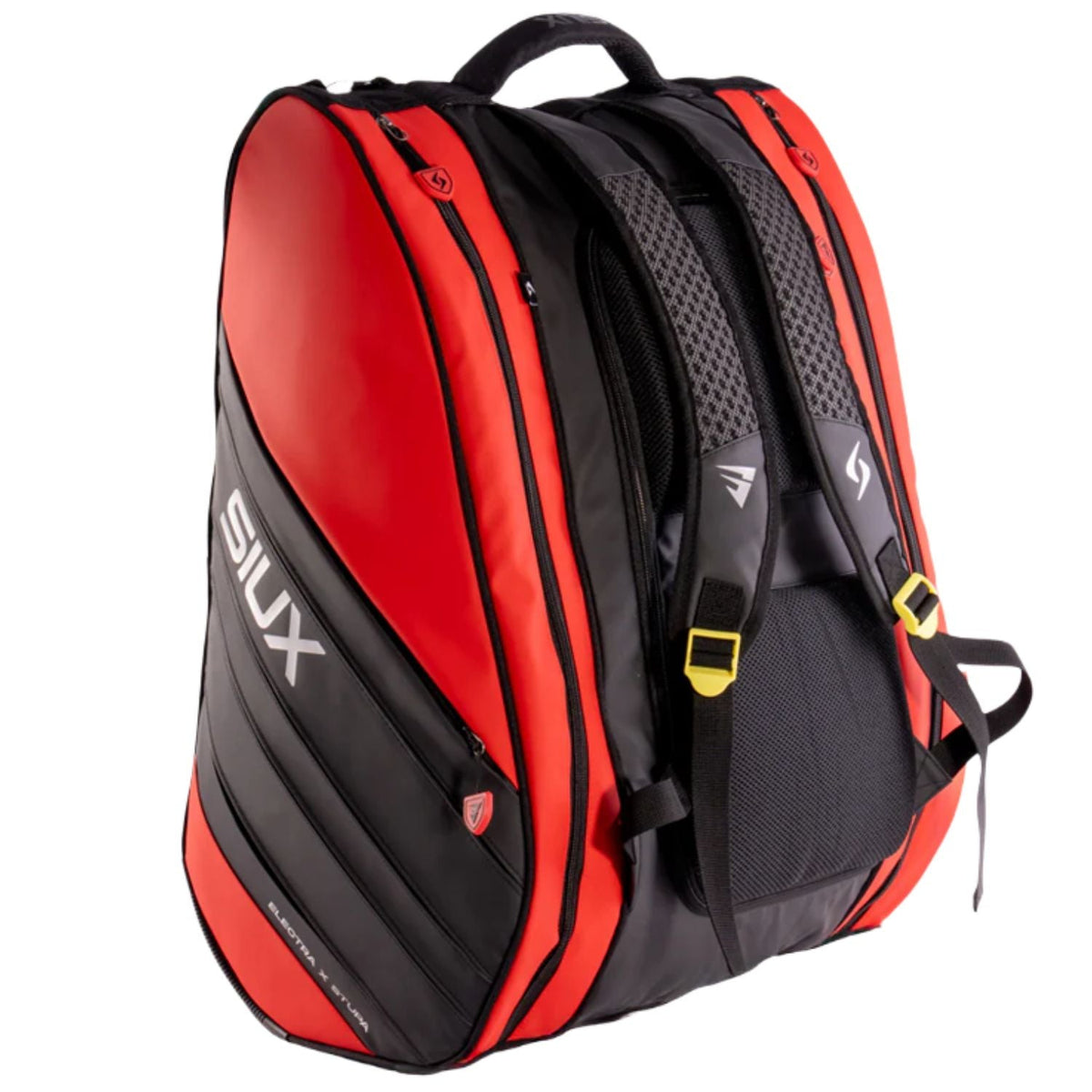 Zijaanzicht van de rood-zwarte Siux Racketbag Electra Stupa 2026 met schouderbanden